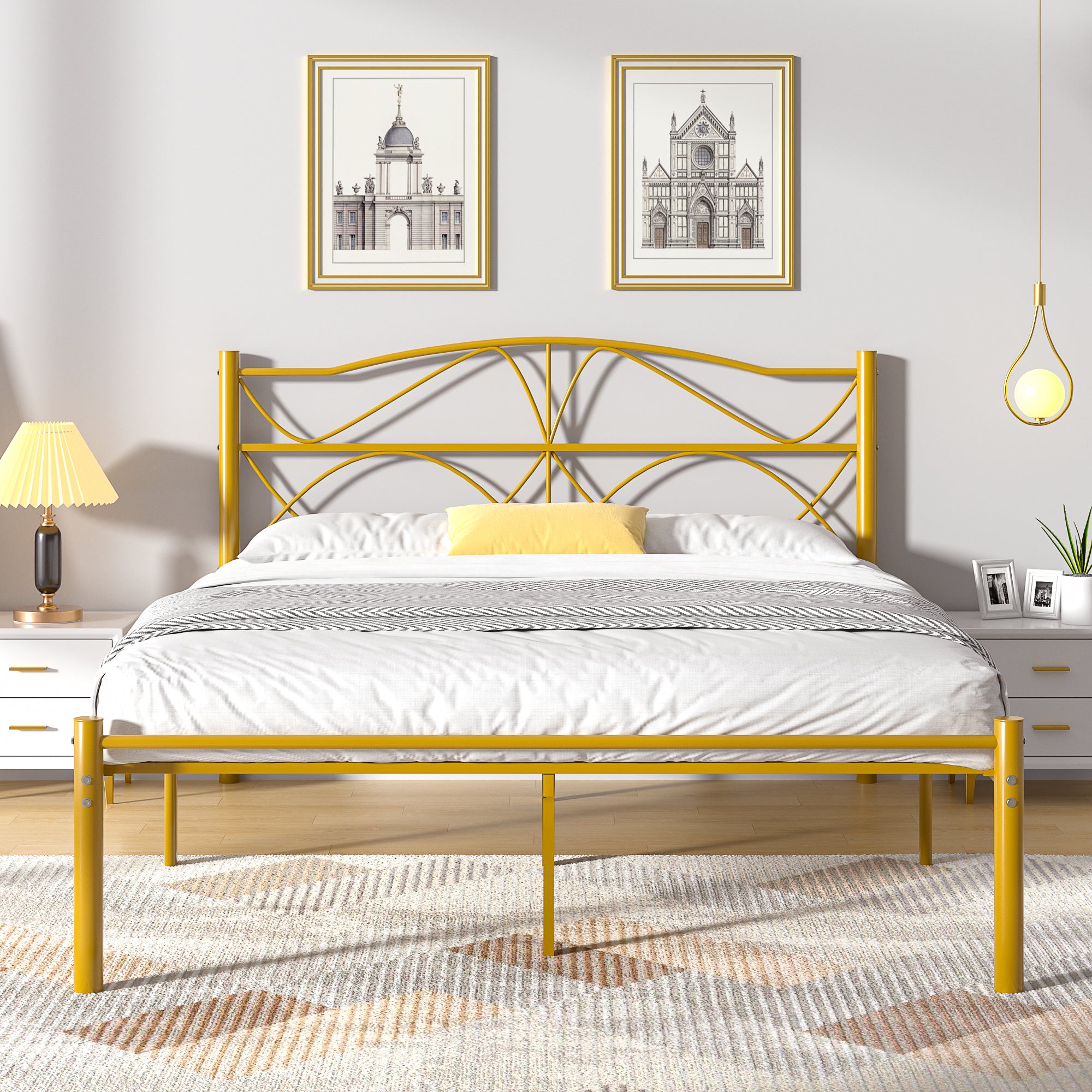 Vecelo LOE-F38-GLD Full Size Bed Frame Metal Bed Platform with Headboard Sturdy Steel Slats Support Noise Free Easy Assembly Gold