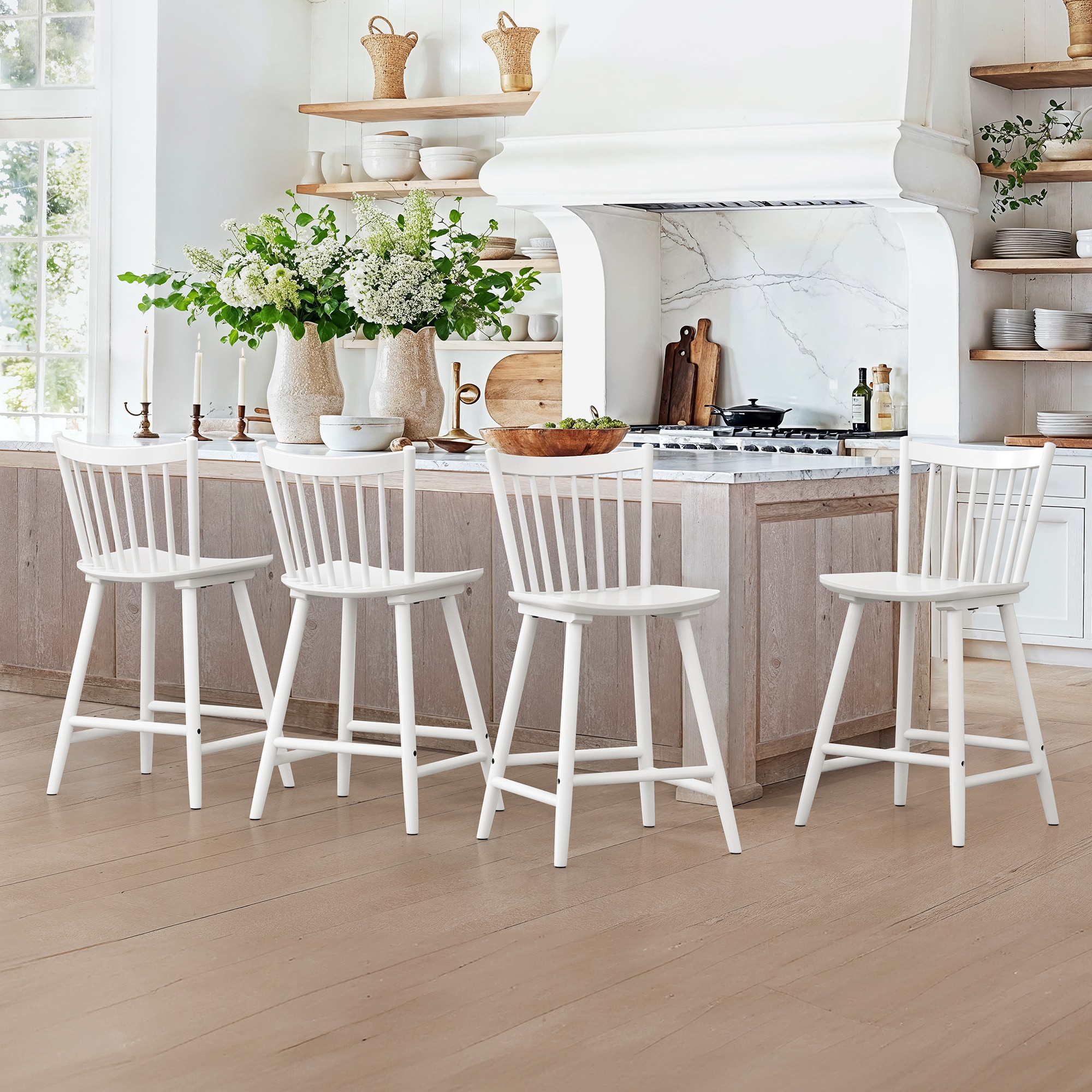 LUE BONA YB-151-02LS Set of 4 White 24-in H Counter height (24-in to 27-in) Square Seat Wood Back Bar Stool Back