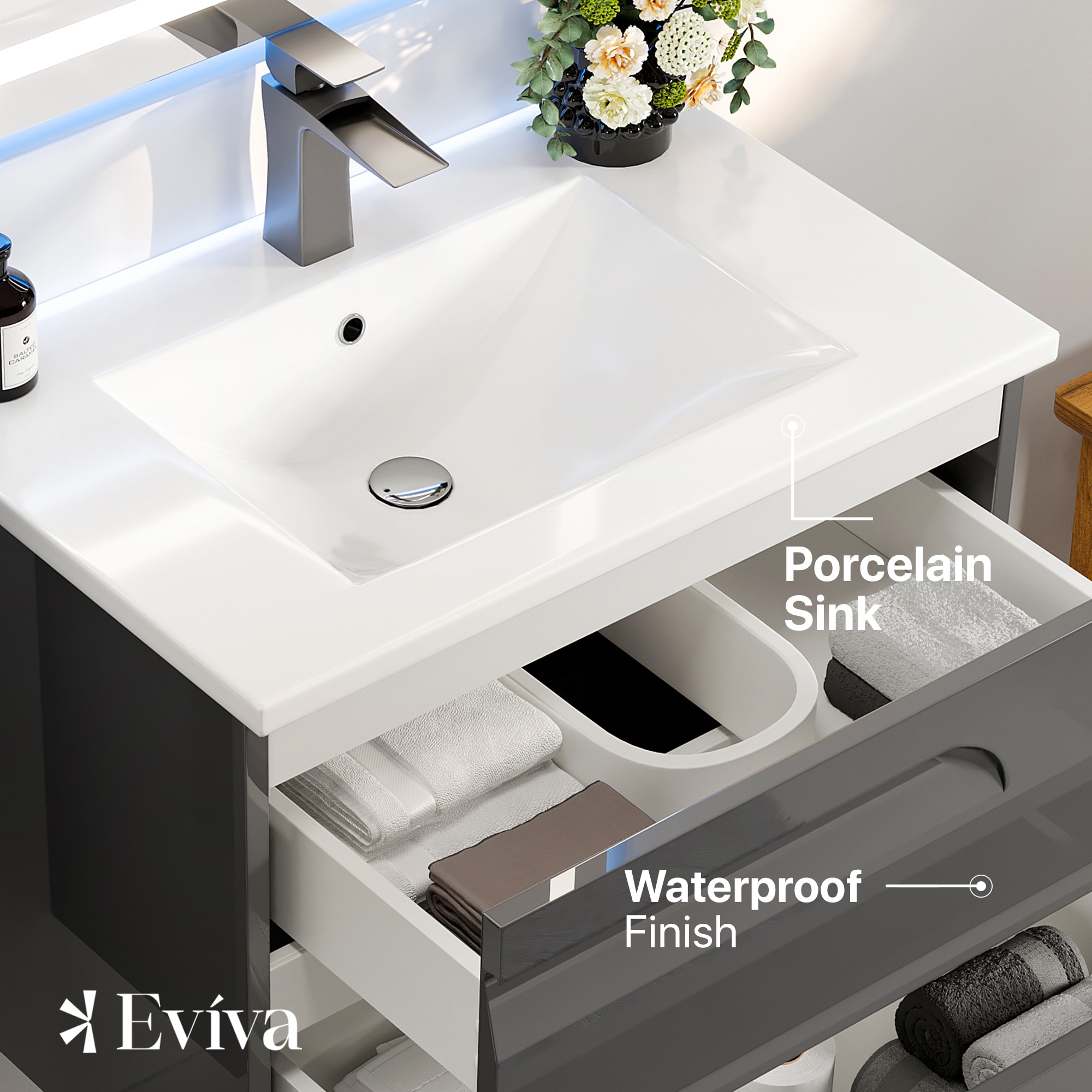 Eviva Joy 24 in. W x 18 in. D x 21 in. H Floating Bathroom Vanity in Maple with White Porcelain Top with White Sink