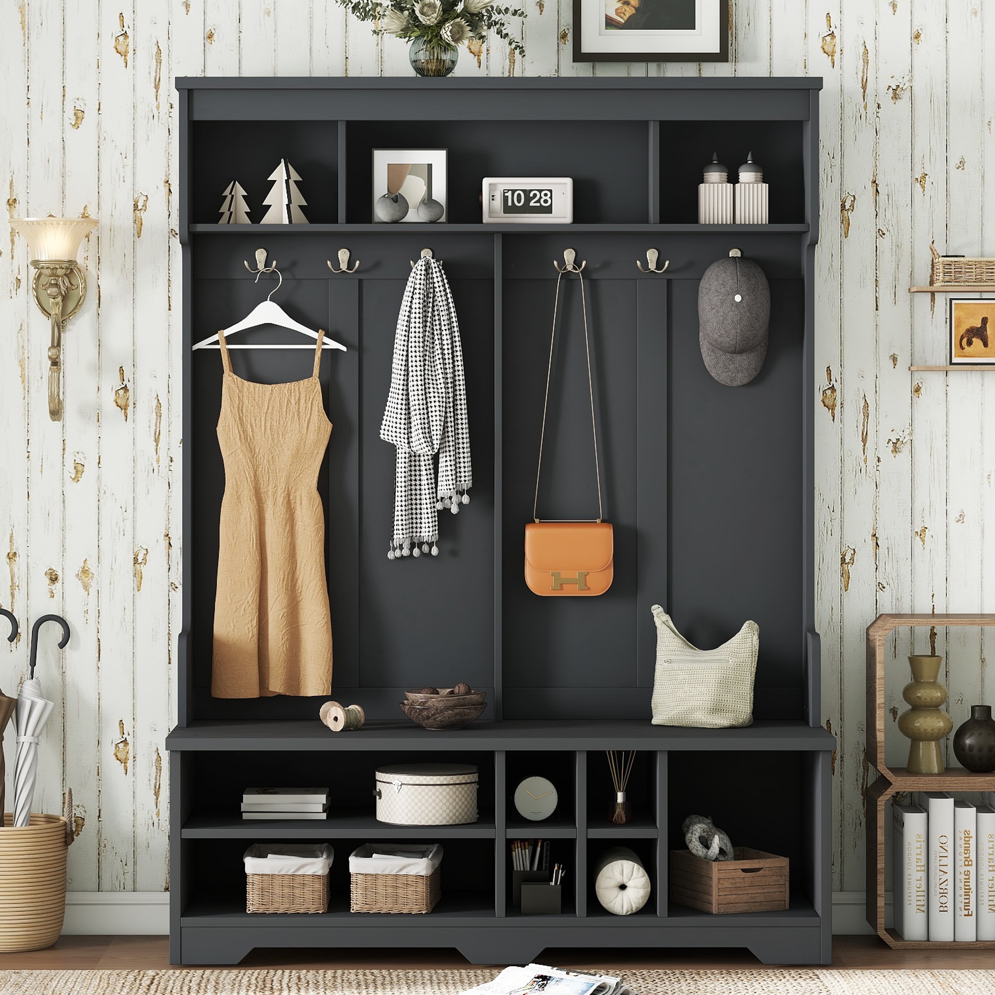 Modern Hallway Hall Tree with Metal Hooks and Storage Space Multi-Functional Entryway Coat Rack with Shoe Cubbies Black