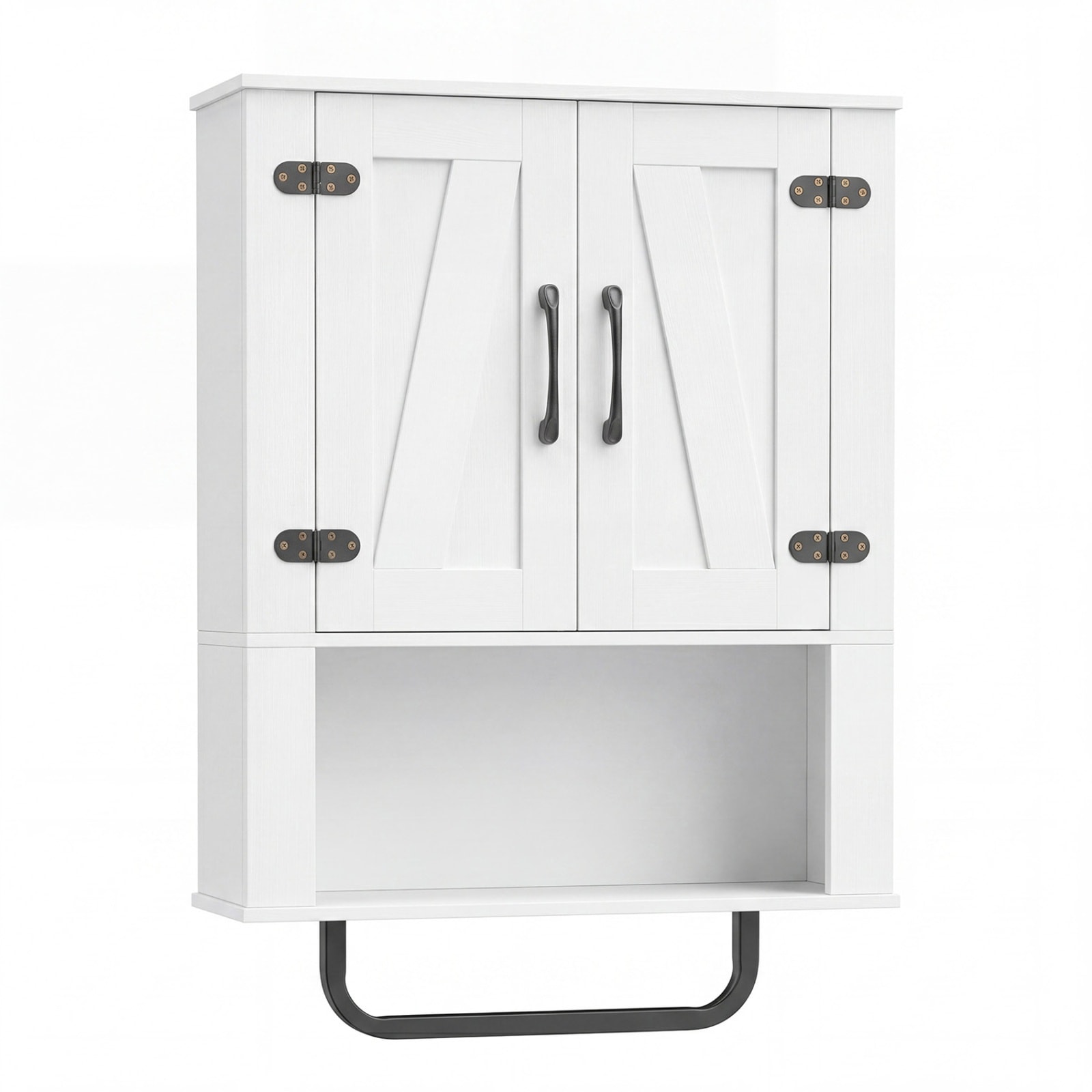 SUGIFT 24-in x 33-in x 8-in White Bathroom Wall Cabinet with 2 Barn Doors Towel Bar and 3-Tier Storage