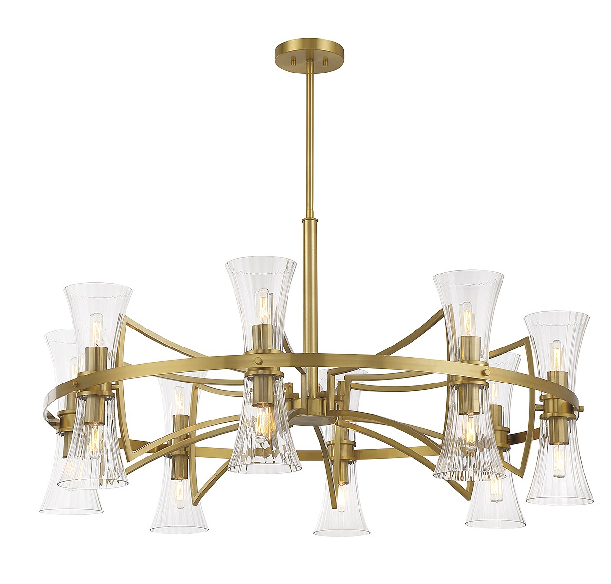 Bennington 16-Light Warm Brass Chandelier with Clear Ribbed Glass Shades