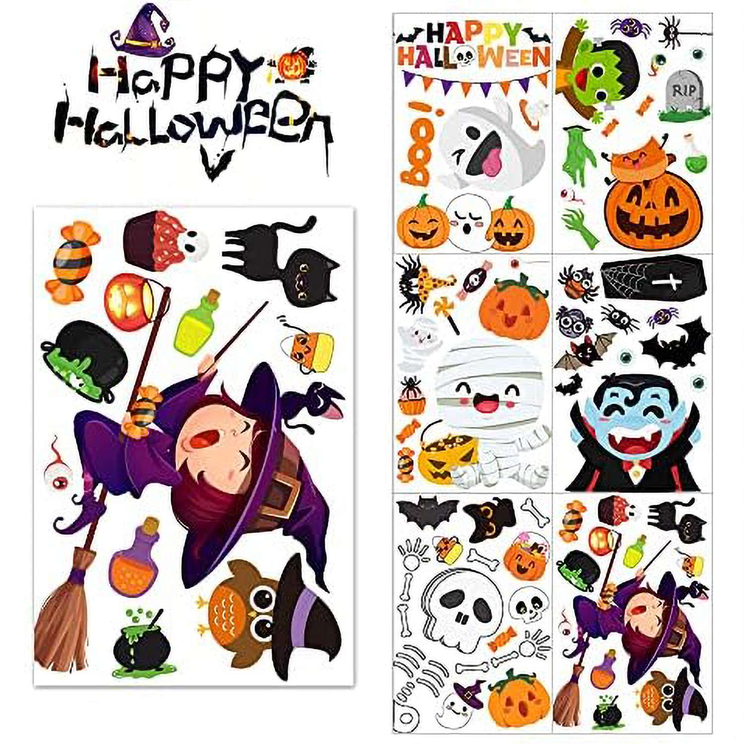 Etokfoks  6 Sheet Halloween Window Clings Cute Stickers and Decals for Kids Indoor Window Decorations