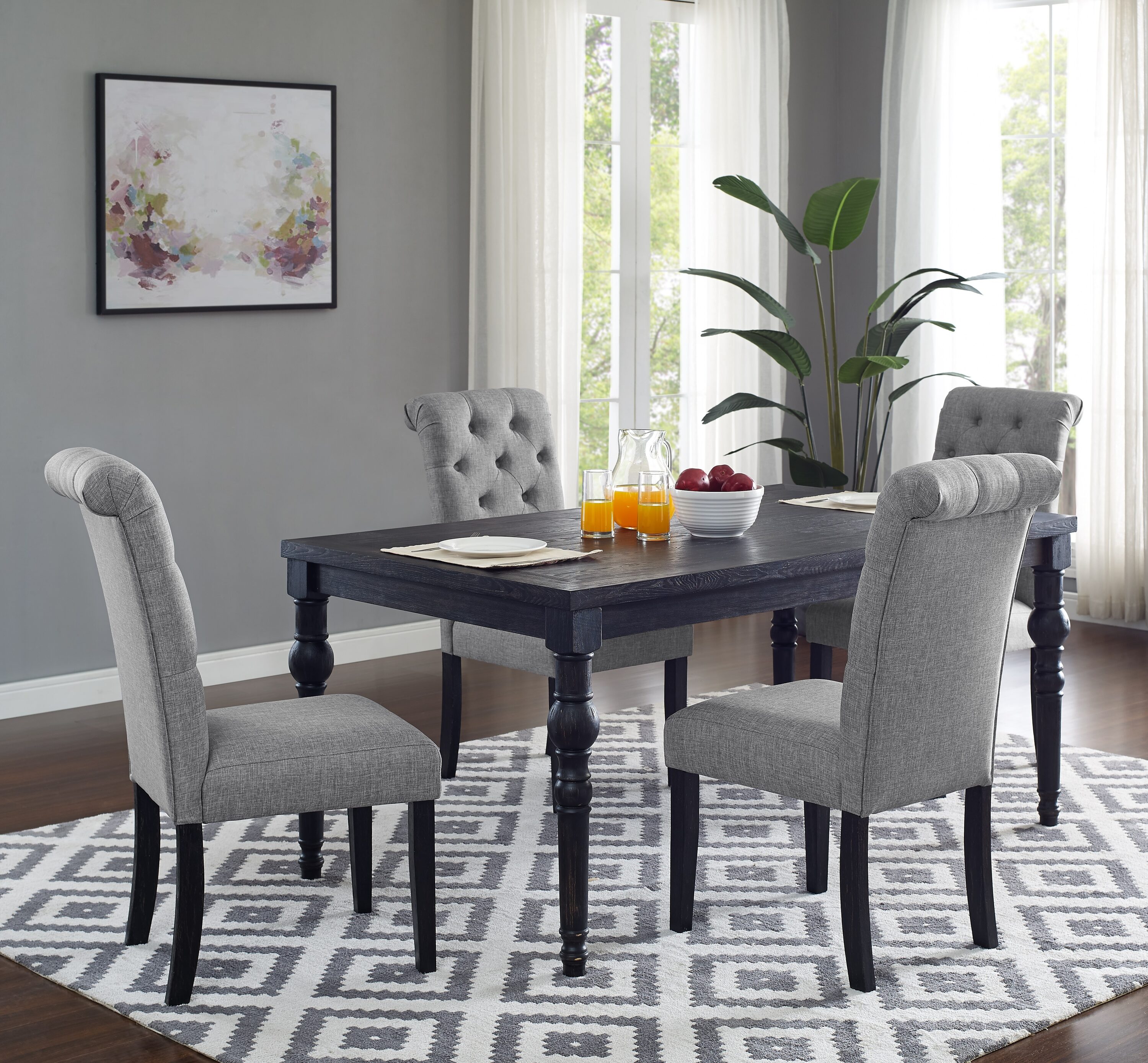 LOVMOR - Leviton Urban Style Wood Dark Wash Turned-Leg Dining Set: Table and 4 Chairs Gray