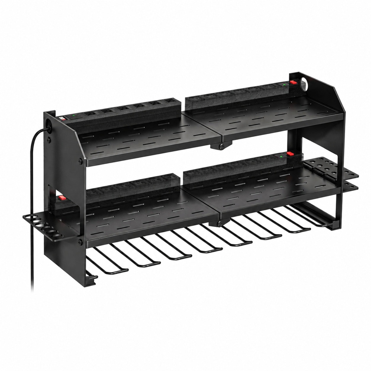 Aoibox Wall Mount cord free Tool Organizer with Surge Protection Outlet Strip 280 lbs Steel Rack Black