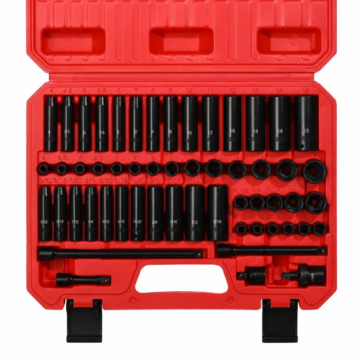 Aoibox  55 Piece 1 4 in Drive SAE and Metric Deep Shallow 6 Point Impact Socket Set Cr V Steel Sizes 4mm 15mm