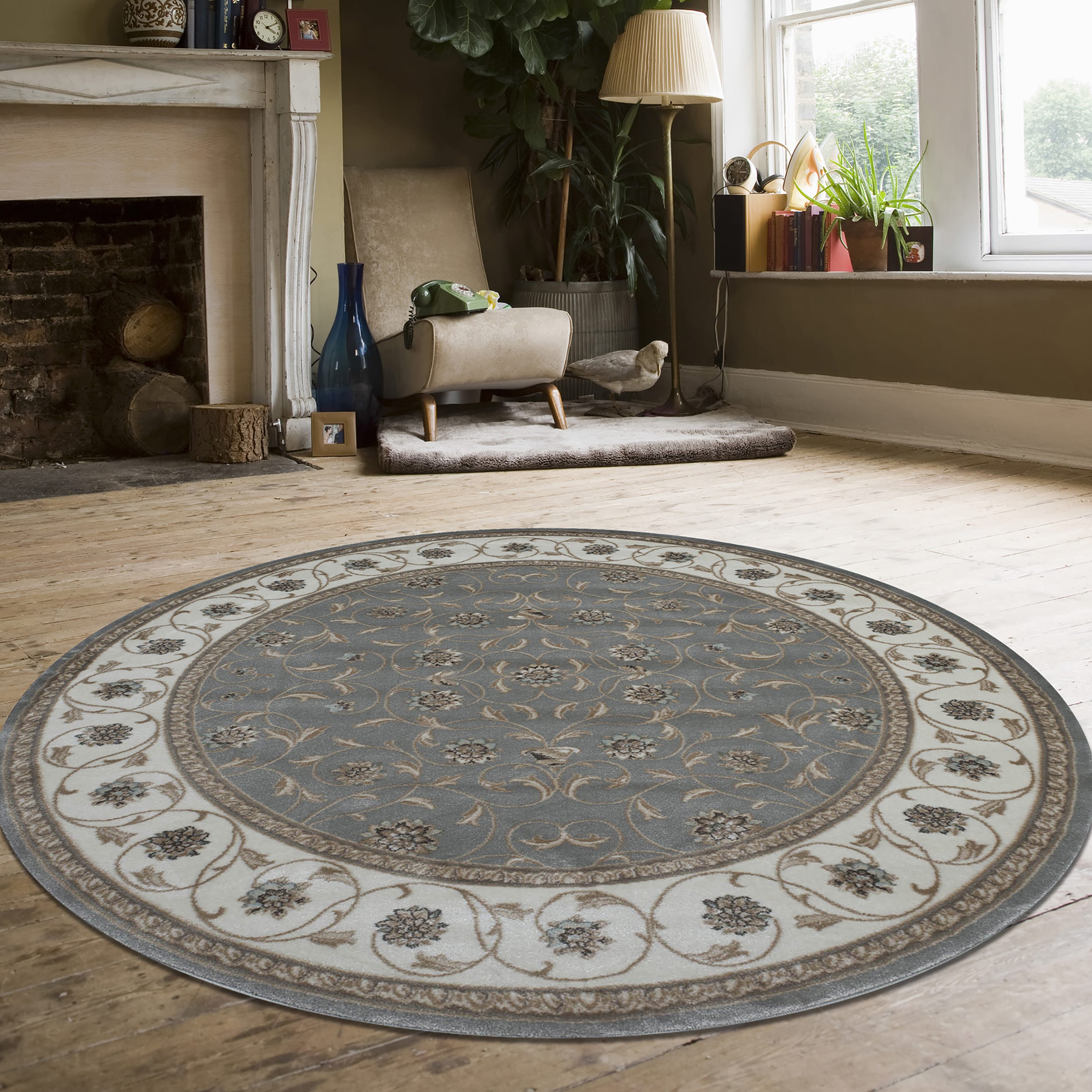 Radici USA 3743/1005/GREY Pisa 8 x 8 (ft) Polypropylene Gray Round Indoor Floral/Botanical Oriental Area rug