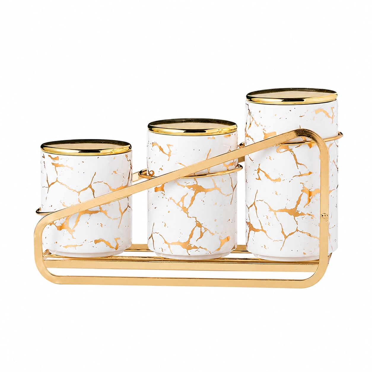 Aoibox  3 Piece White Ceramic Airtight Kitchen Canister Set with Tiered Shelf and Gold Patterned Metal Lids