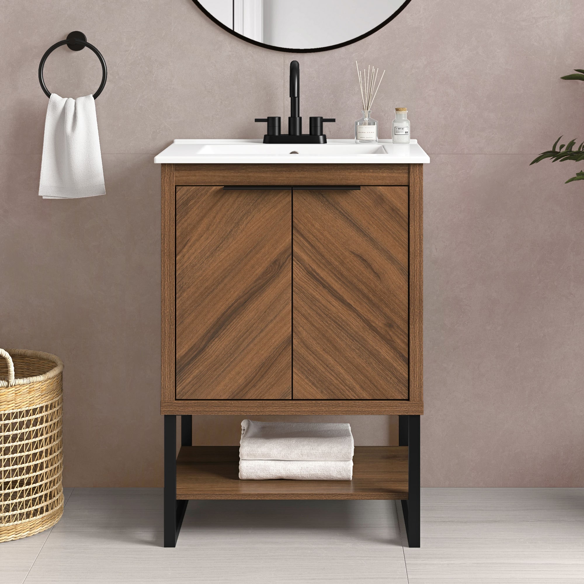 Contessa 24-in Spiced Walnut Single Sink Bathroom Vanity with White Ceramic Top in Brown | - OVE Decors 15VKA-CONT24-182