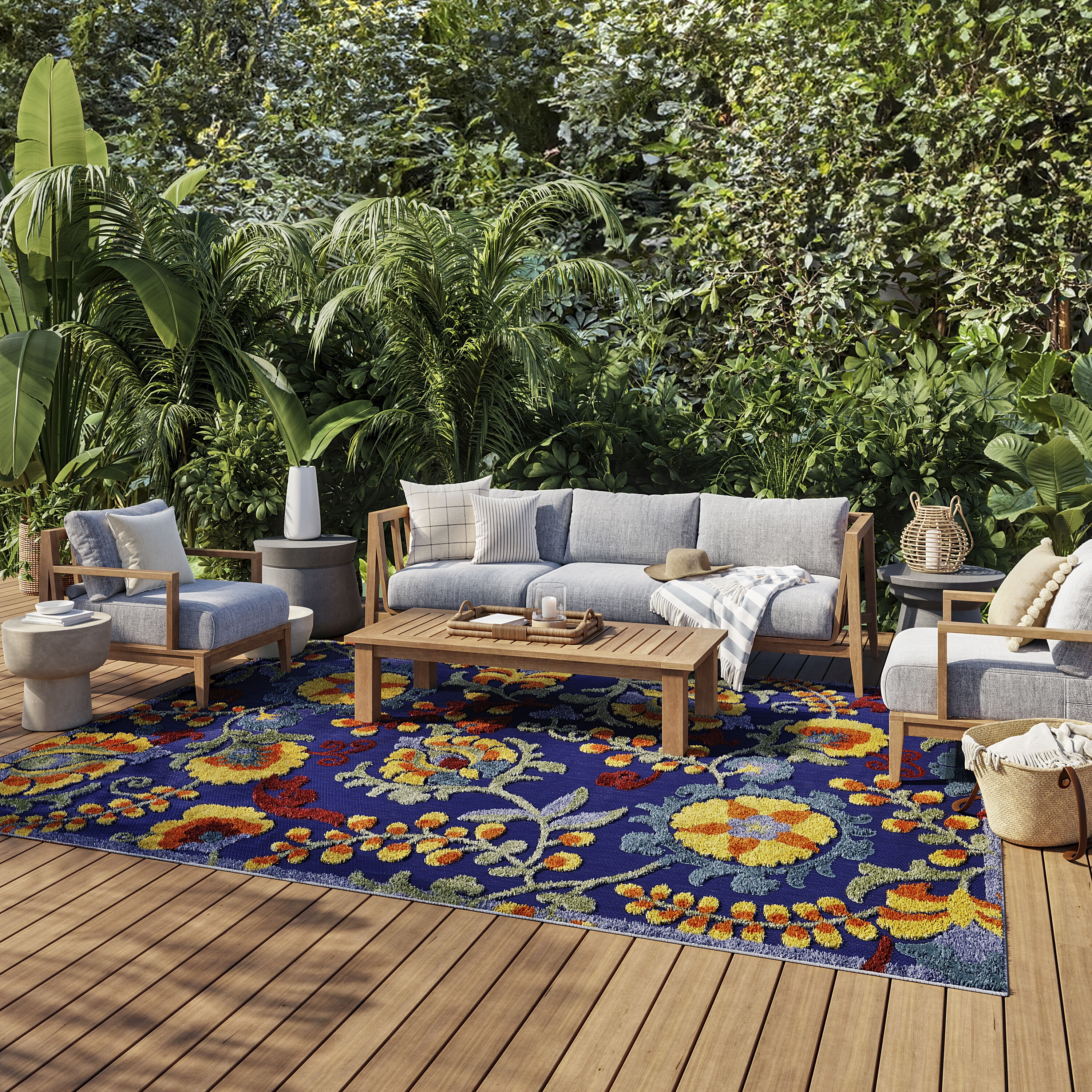 Nourison Home 099446921352 Aloha 9 x 12 (ft) Loomed Polypropylene Navy Multicolor Rectangular Indoor/Outdoor Floral/Botanical Farmhouse/Cottage Area rug