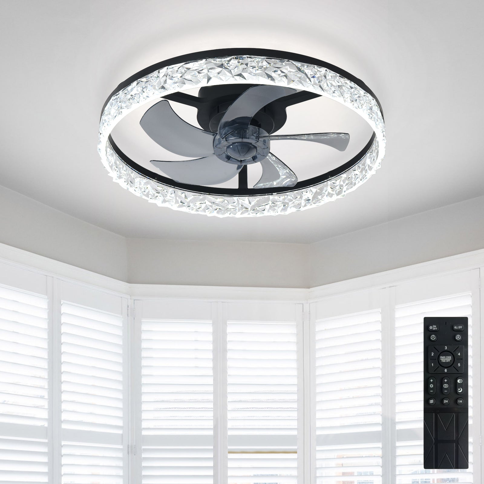 Dovanpaul 20 Inch Black Modern Low Profile Flush Mount Bladeless Fandelier Dimmable LED Ceiling Fan Light with App and Remote Control for Bedroom Living Room