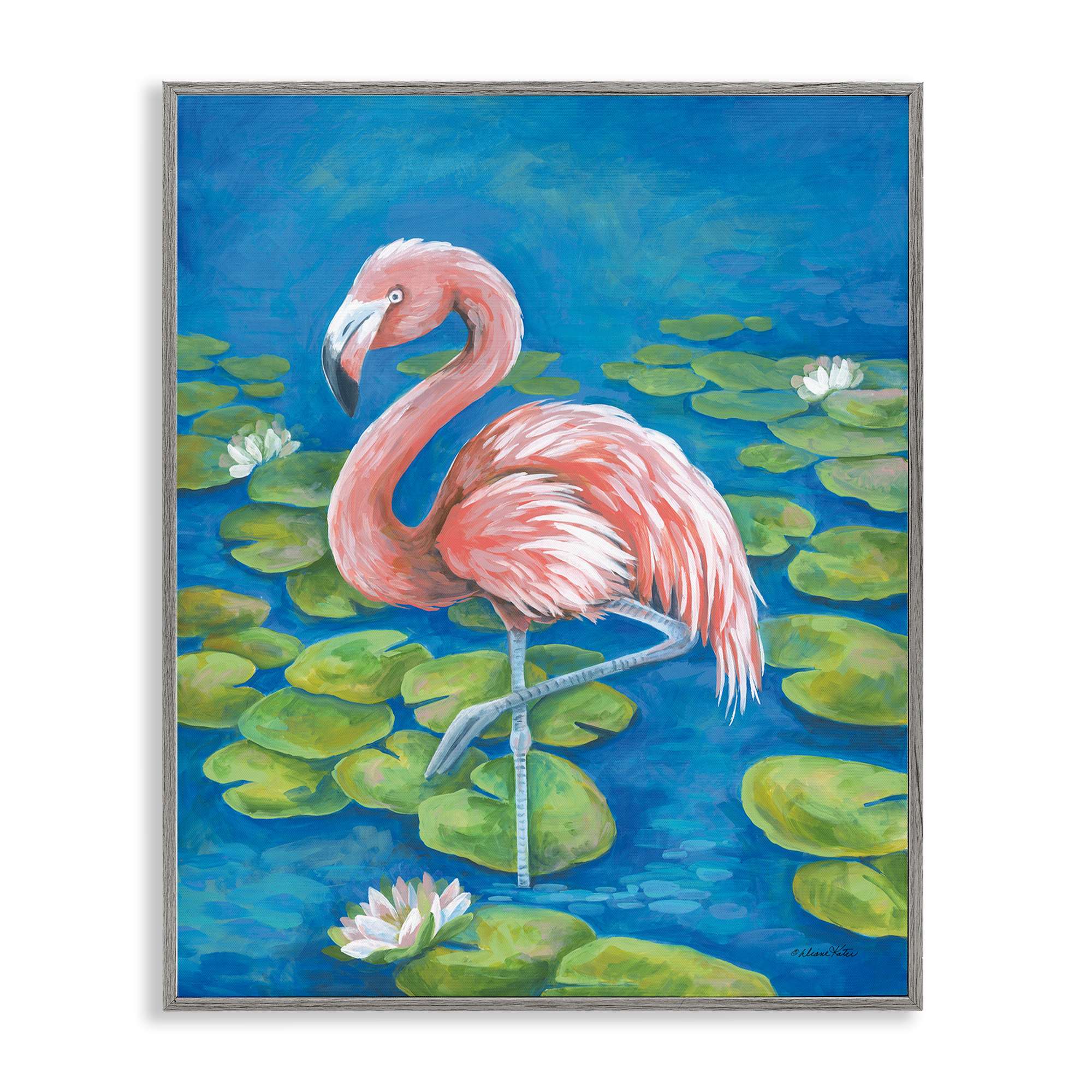 Stupell Industries BT-545-GFF-16X20 Balancing Flamingo and Lily Pads Gray Framed Giclee Art By Diane Kater 16 x 20
