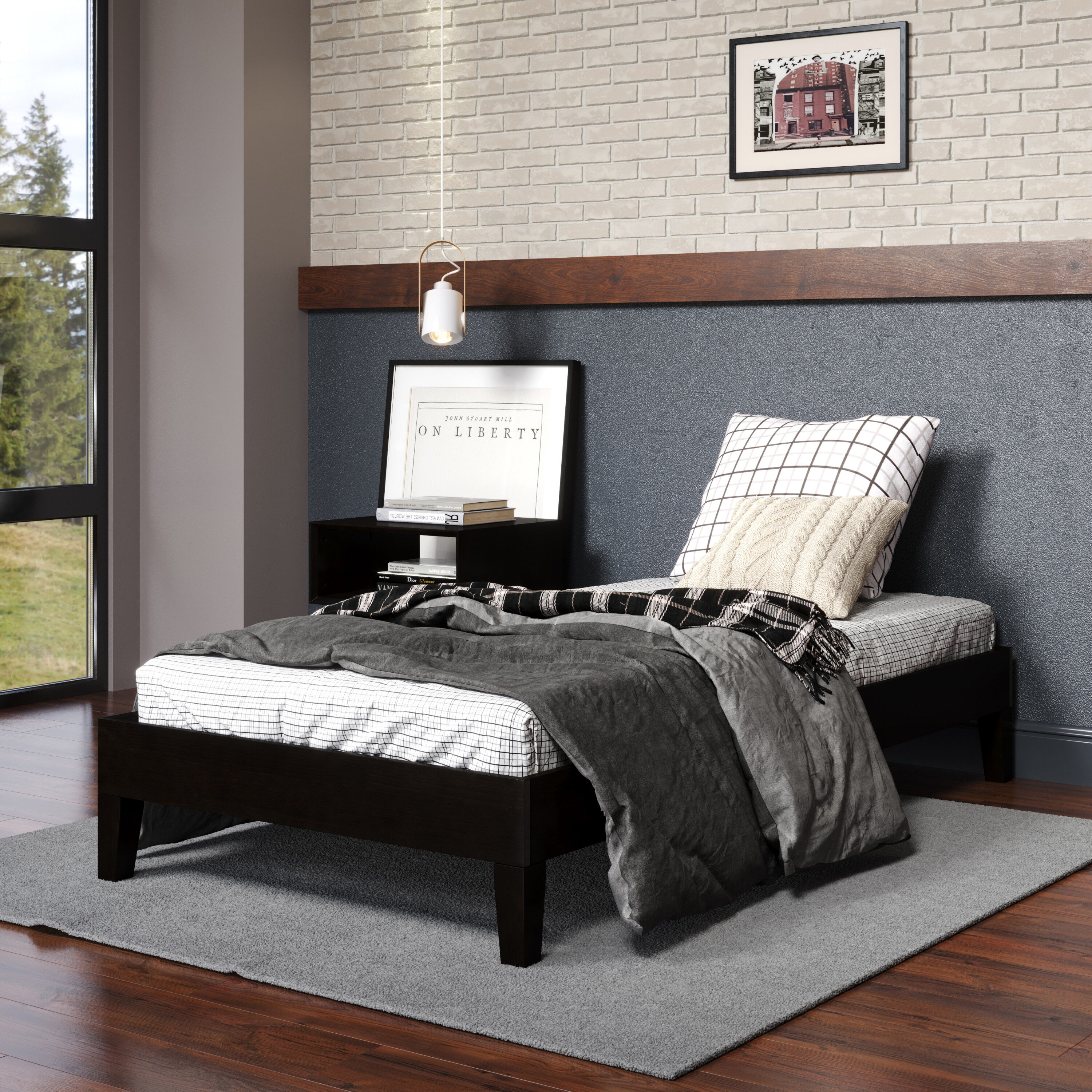 Black Pine Twin Platform Bed with Slats and Drawer