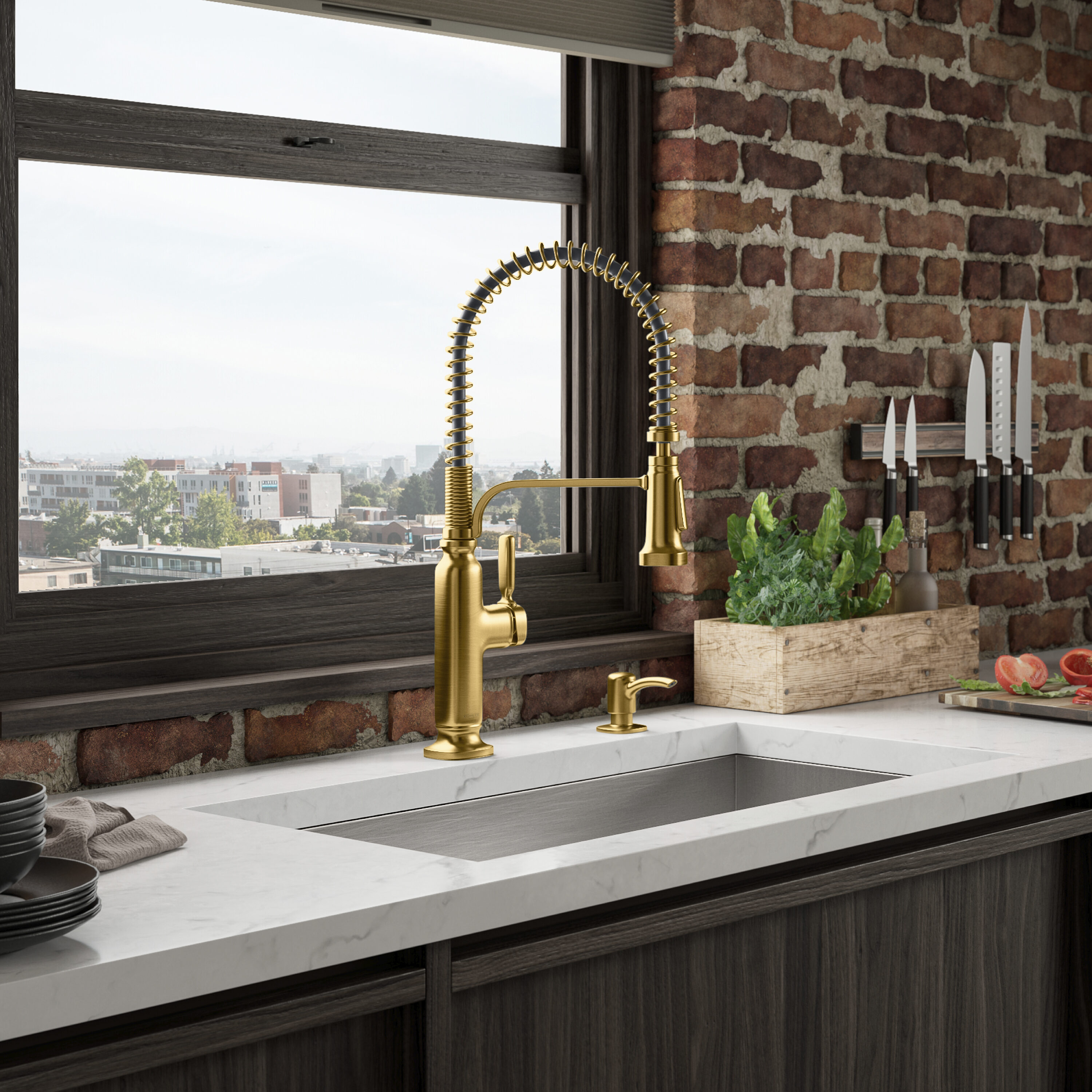 KOHLER Ealing Vibrant Brushed Moderne Brass Single Handle Pull-down Kitchen  Faucet with Deck Plate and Soap Dispenser Included in the Kitchen Faucets  department at