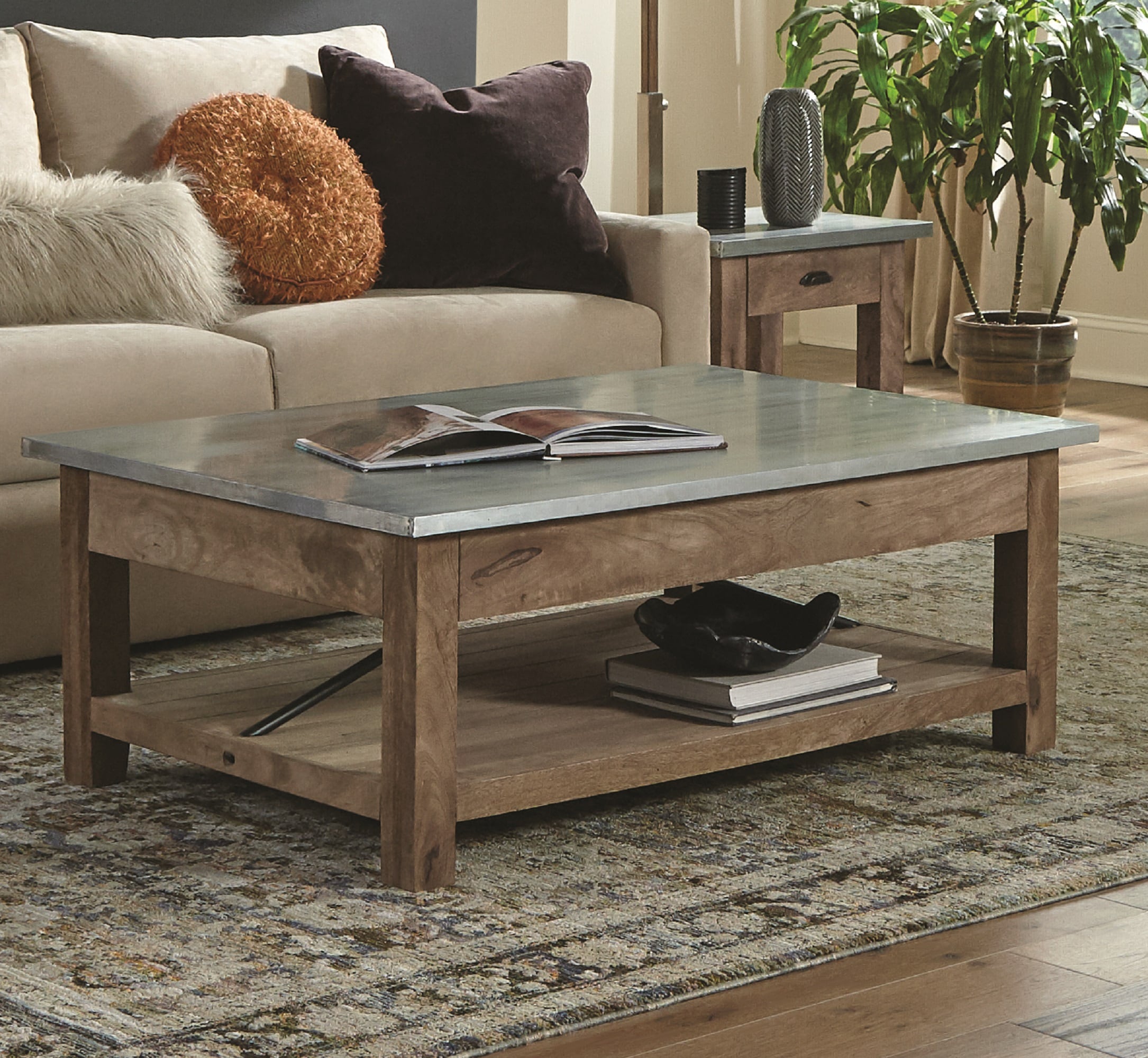 Industrial Rustic Wood and Zinc Metal Coffee Table with Shelf