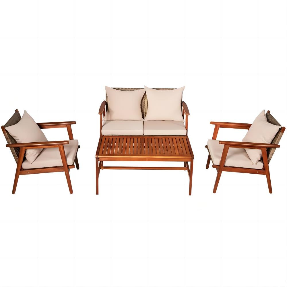 Forclover HYFE-68969BNA 4 -Piece Rattan 2 Patio Sofa Conversation Set with Tan Cushions