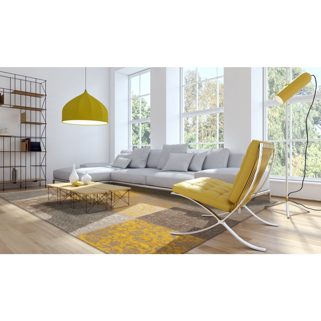 HomeRoots 4000380575 Rag Cotton Yellow Gray Rectangular Indoor Abstract Vacuum regularly Area rug