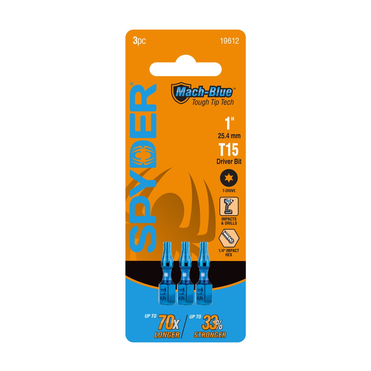 Spyder 19612 Mach-Blue 1/4-in x 1-in Torx Impact Driver Bit 3 -Piece