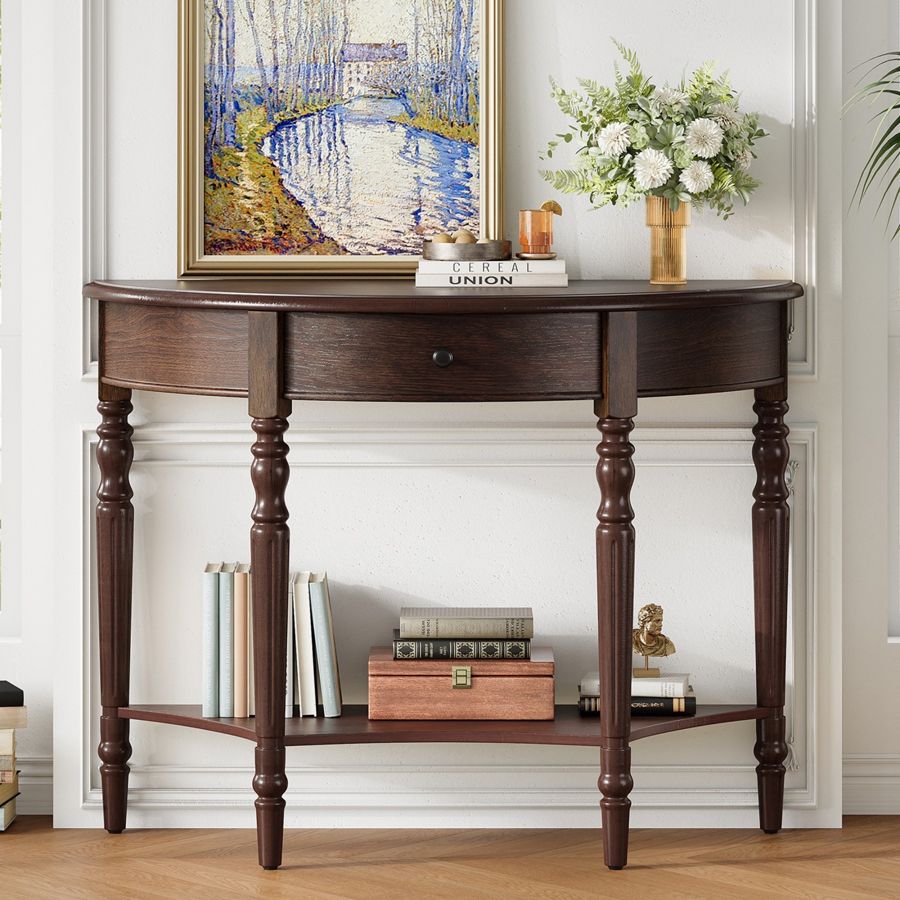 GlasFlength  30-in Half Moon Console Table Rustic Farmhouse Accent Table Sofa Table with Drawer and Shelf Espresso Durable and Versatile