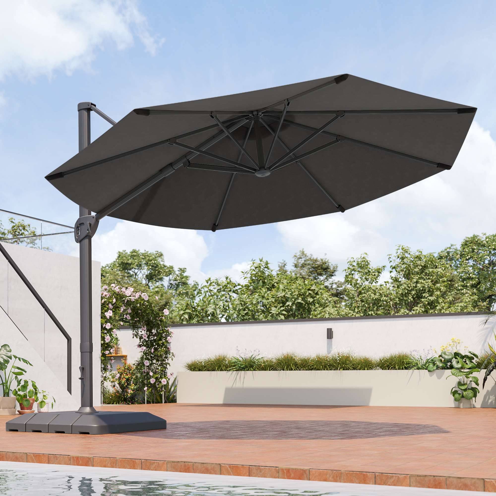 11ft patio umbrella frame Aok Garden 11FT Cantilever Umbrella with Solution-Dyed Fabric Aluminum Frame and 360 Rotation Black one_size