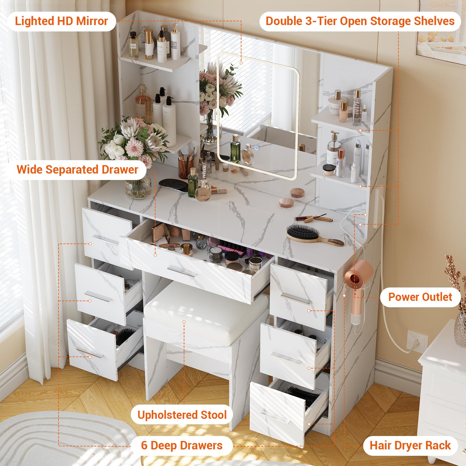 Garvee Marble White Makeup Vanity Desk