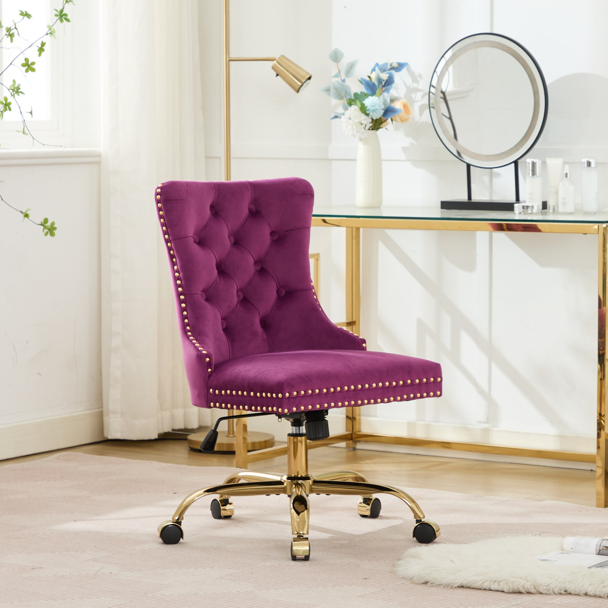 Etokfoks  Modern Velvet Upholstered Tufted Button Home Office Chair Wide Deep Seat Golden Metal Base Adjustable Swivel Purple