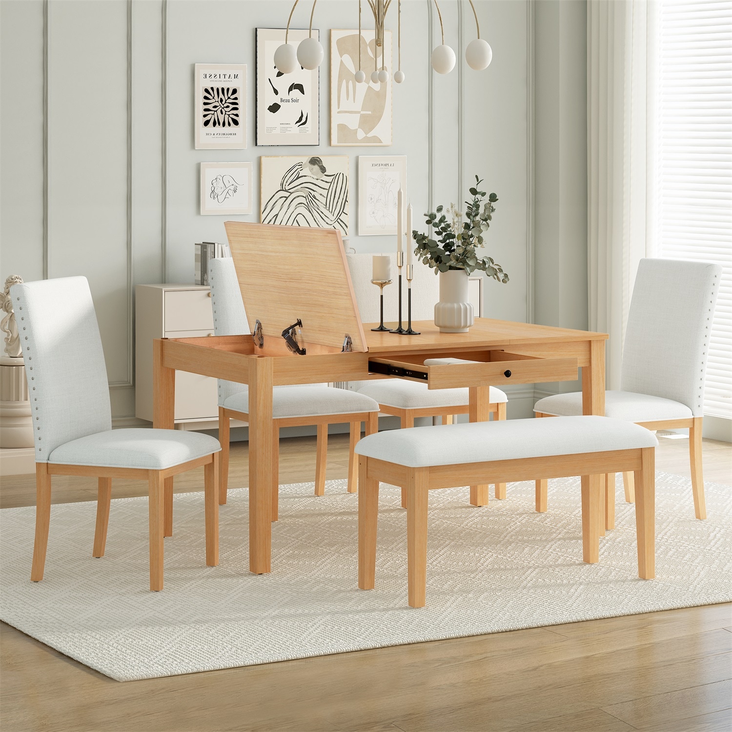 Mondawe MD-TP37AAD Beige Rustic Dining Room Set with Rectangular Table ( Seats 6 )