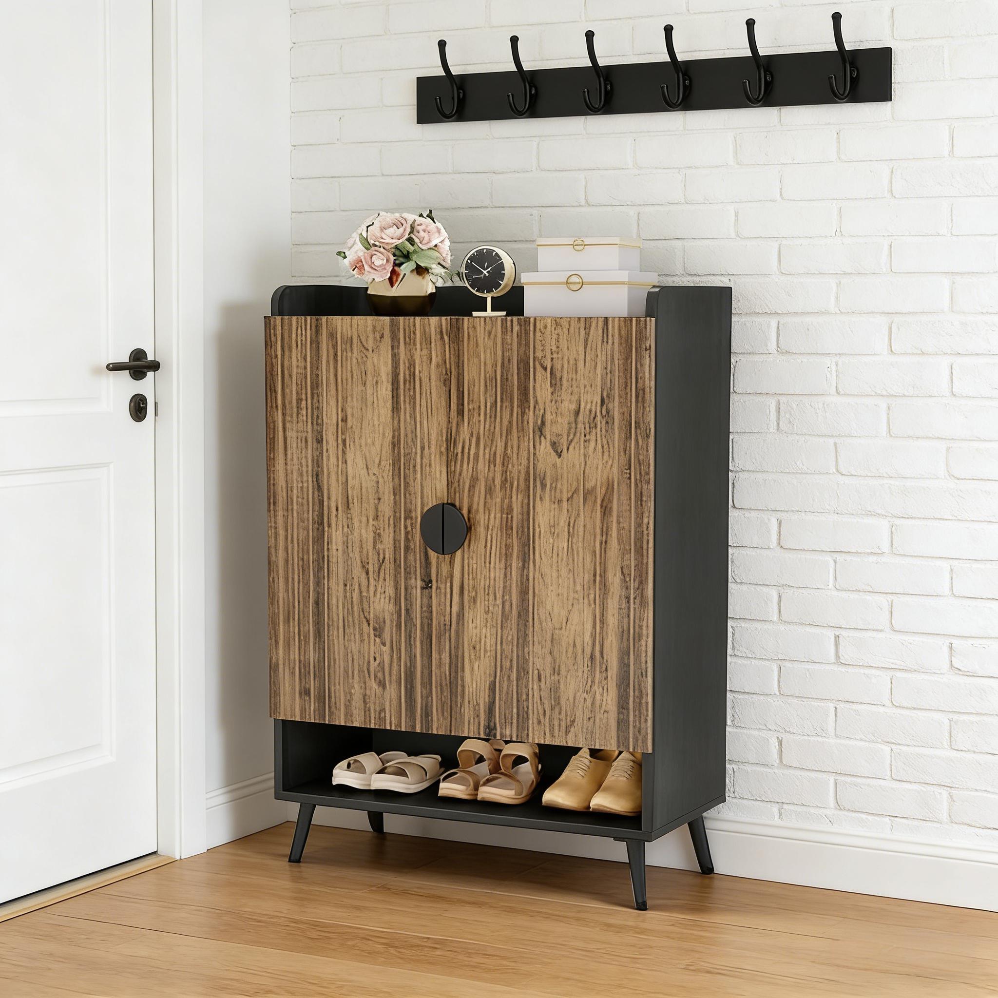 Afoxsos  7 Tier Shoe Cabinet White Wood Finish Golden Metal Accents Adjustable Panels Holds 24 Pairs 29.6W x 14.6D x 43.3H Entryway Storage