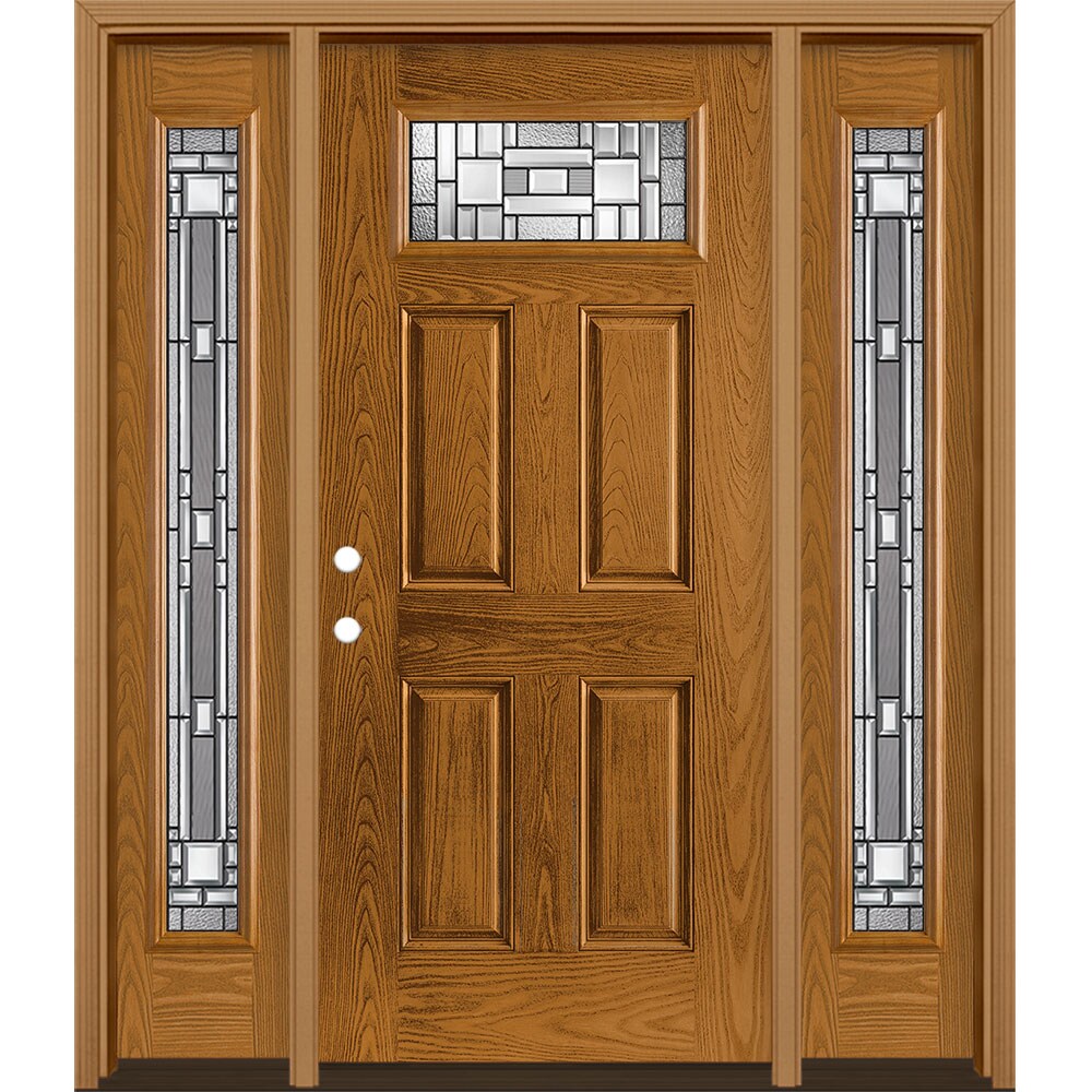 Masonite 3421080 Naples 64-in x 80-in x 4-9/16-in Fiberglass 1/4 lite Right-hand inswing Oakcrest Stained Prehung Single door with sidelights Front Door with Brickmould Insulating core Decorative glass