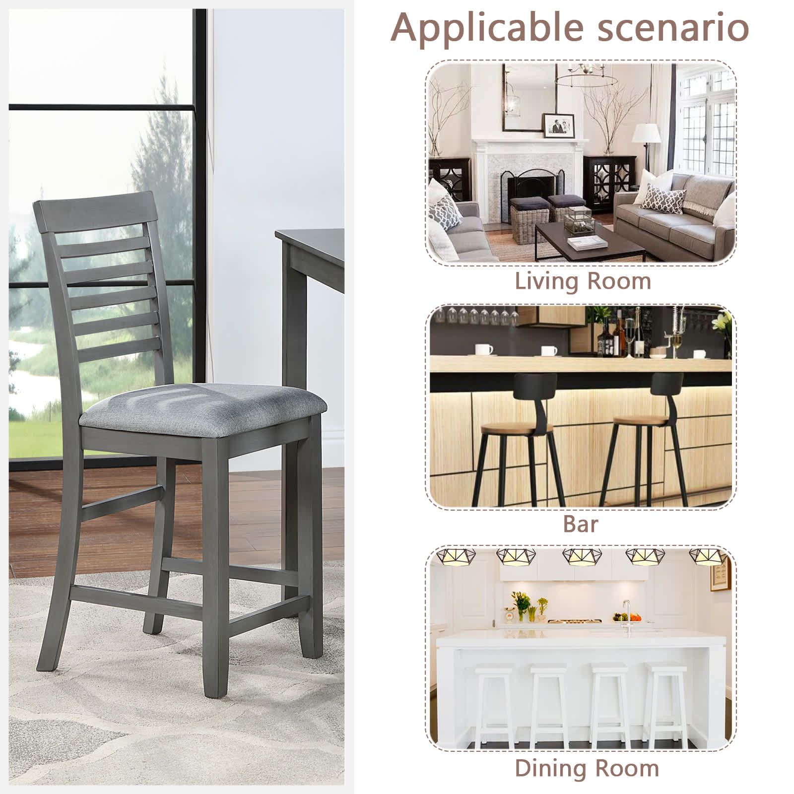 Vynxaria Set of 4 Wooden Counter Height Chairs Gray Linen Padded Seat ...
