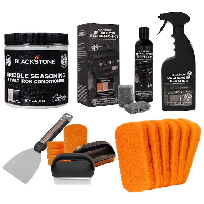 Shop Blackstone Flat Top Grill Cleaner Collection with Griddle Seasoning  and Cast Iron Conditioner, Degreaser Cleaner, Griddle Restorer Kit, and  10-piece Griddle Cleaning Set at