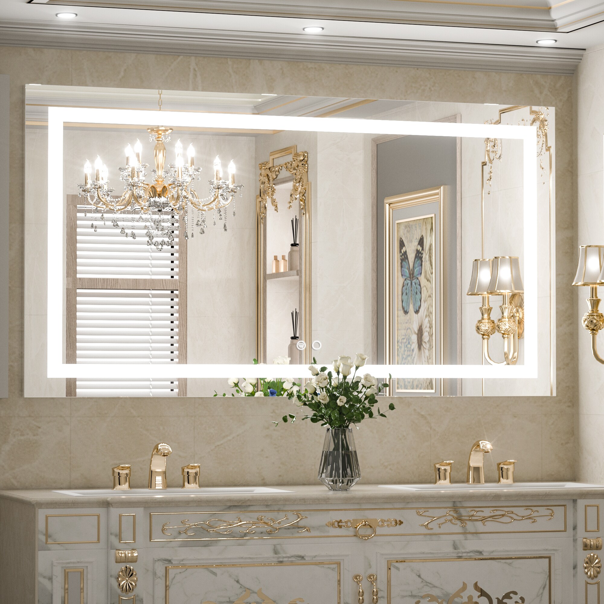 Keonjinn LW-JZ-ZG2-12161 48-in x 24-in Polished Frameless Rectangle Dimmable LED Lighted Fog Free Bathroom Vanity Mirror ( Sliver )