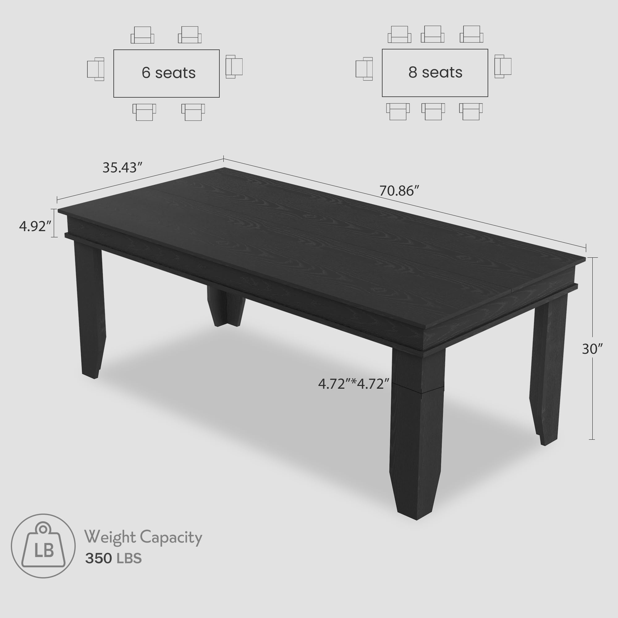 Garvee 71 Inch Long Farmhouse Dining Table For 6-8 People Black Wooden ...