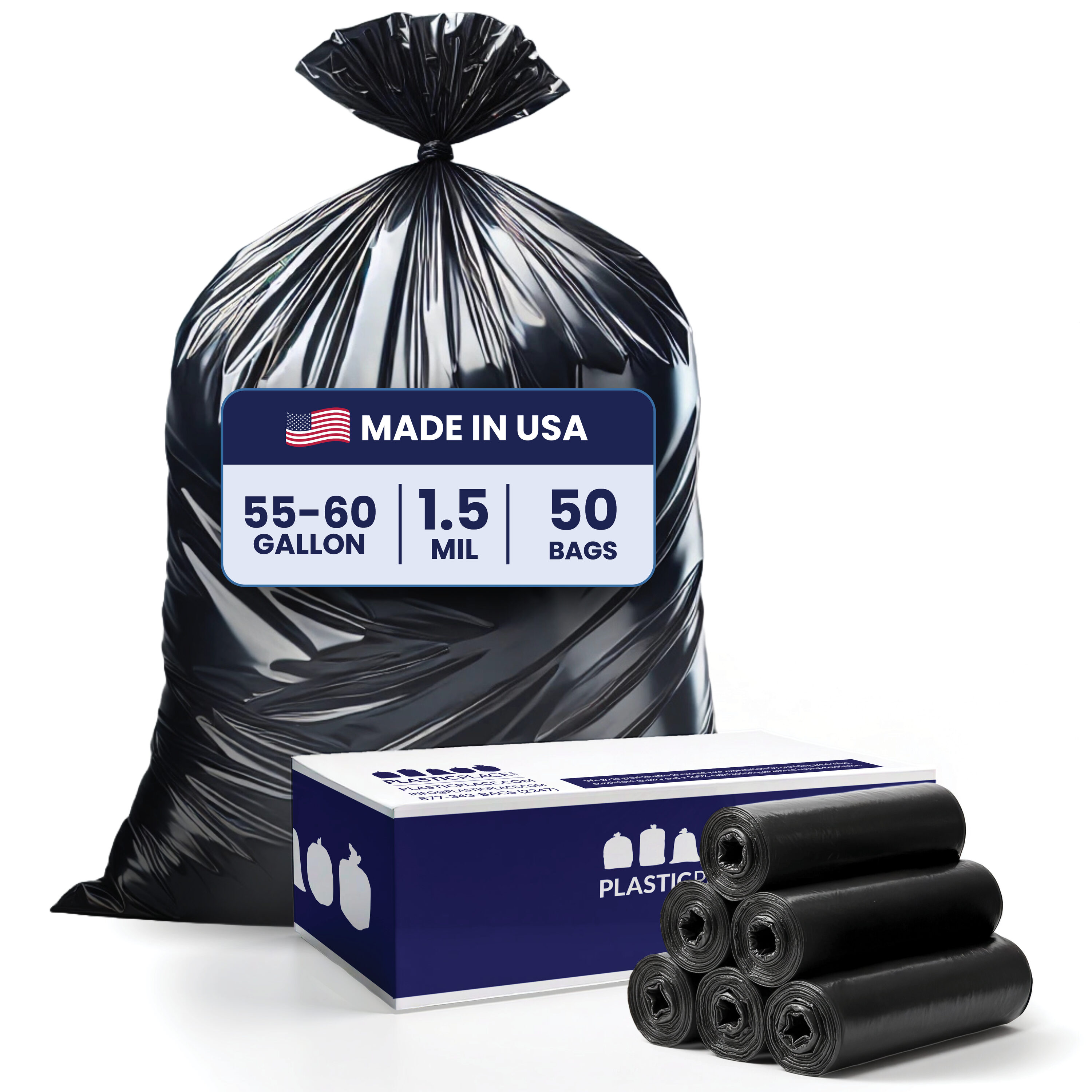 Plasticplace T55151BK 60-Gallon Scent free Black Outdoor Plastic Can Twist Tie Trash Bag 50 -Count