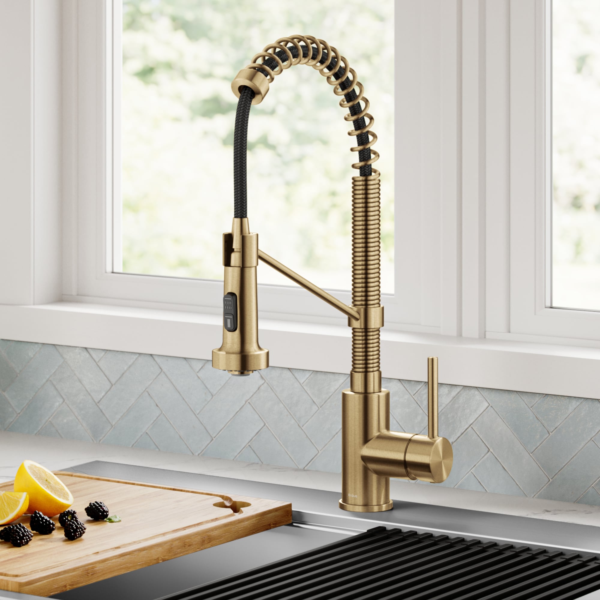 Kraus KPF-1610BB Bolden Brushed Brass Single Handle Deck-mount Pull-down Kitchen Faucet with Sprayer