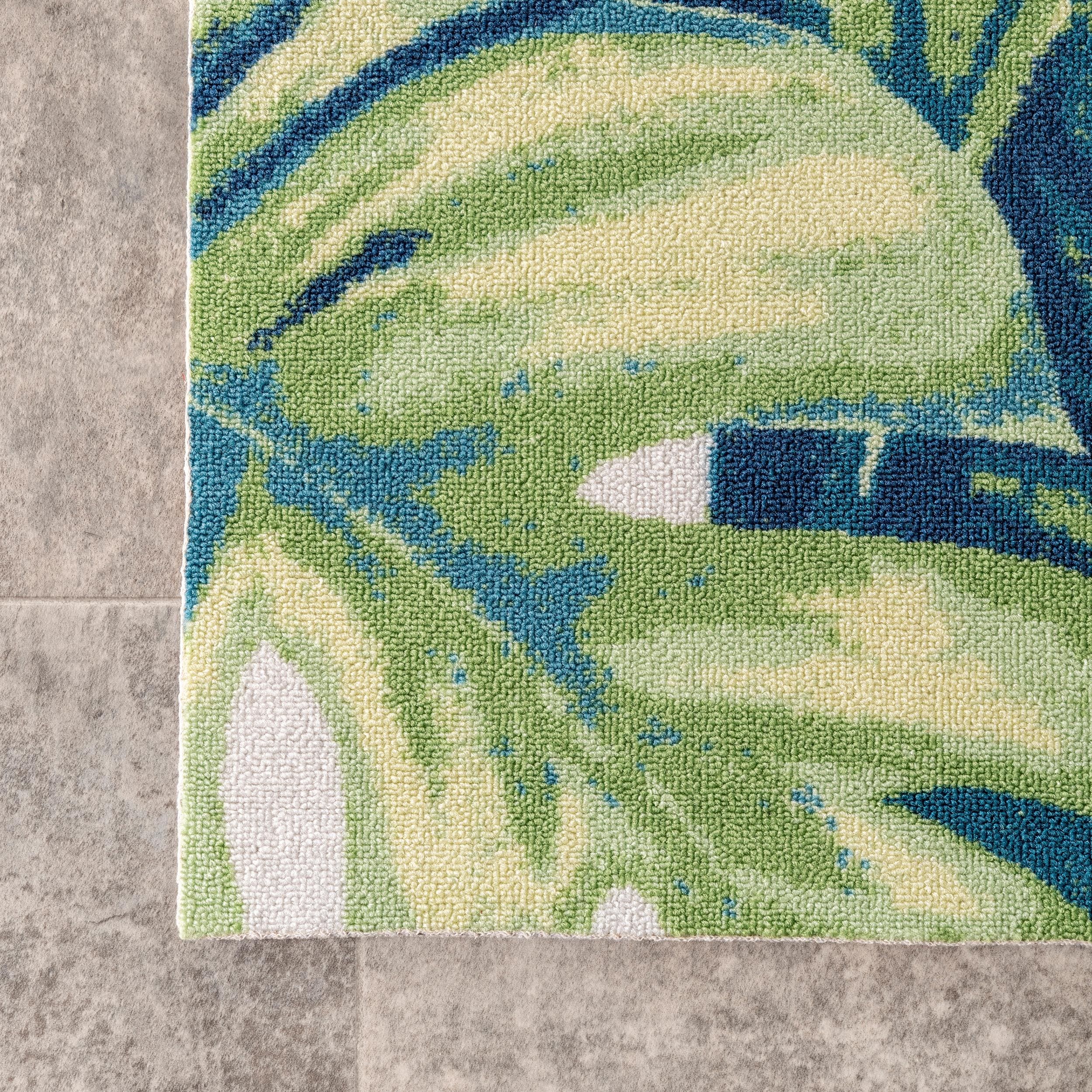 Tropical Leaf Design Blue Synthetic Square Indoor/Outdoor Rug