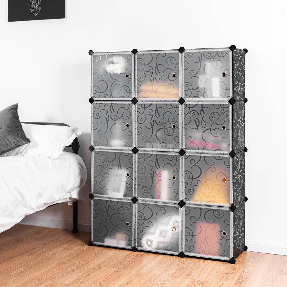 Black Plastic 12-Cube Storage Organizer for Bedroom Office Living Room