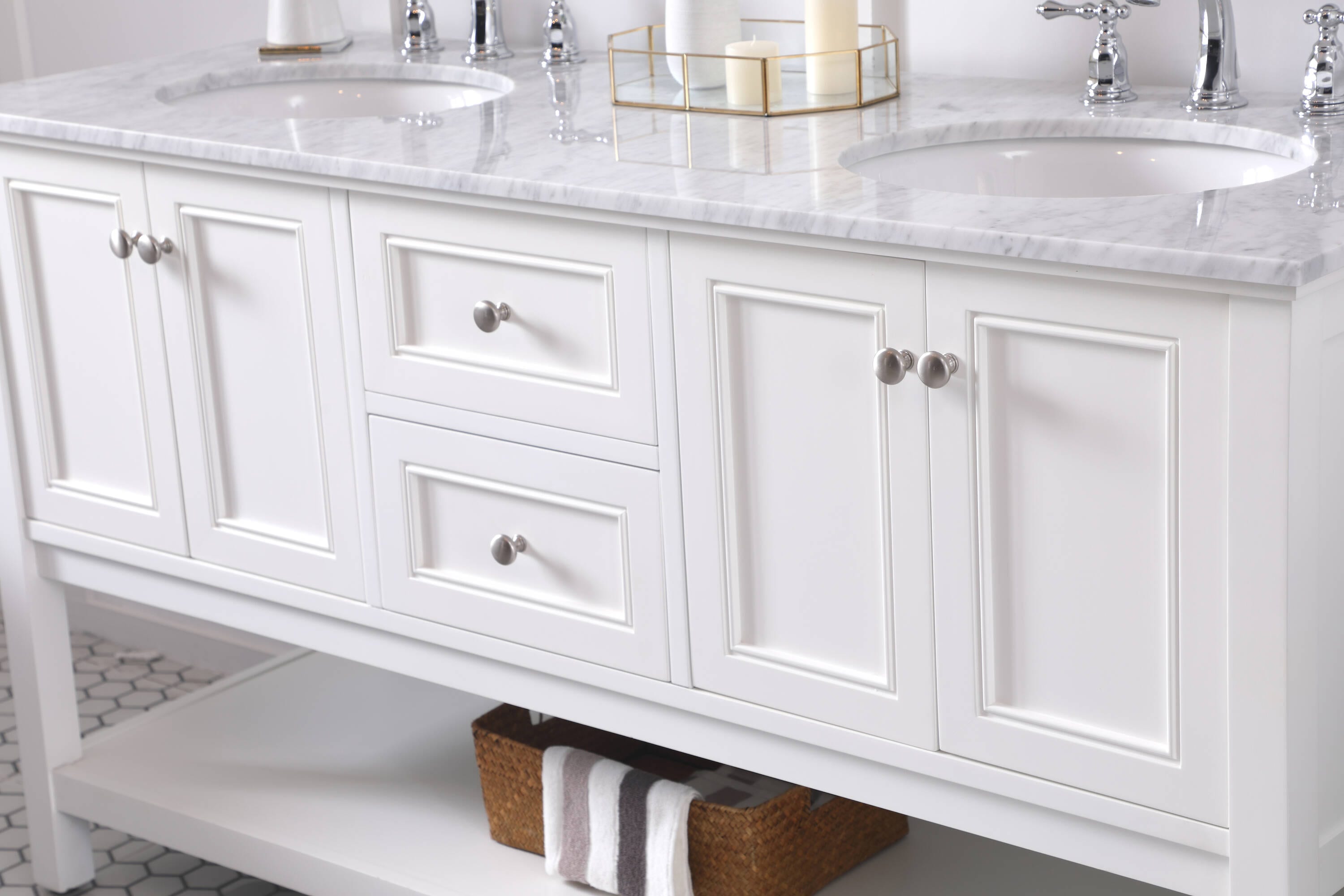 White Double Sink Freestanding Vanity with Marble Top
