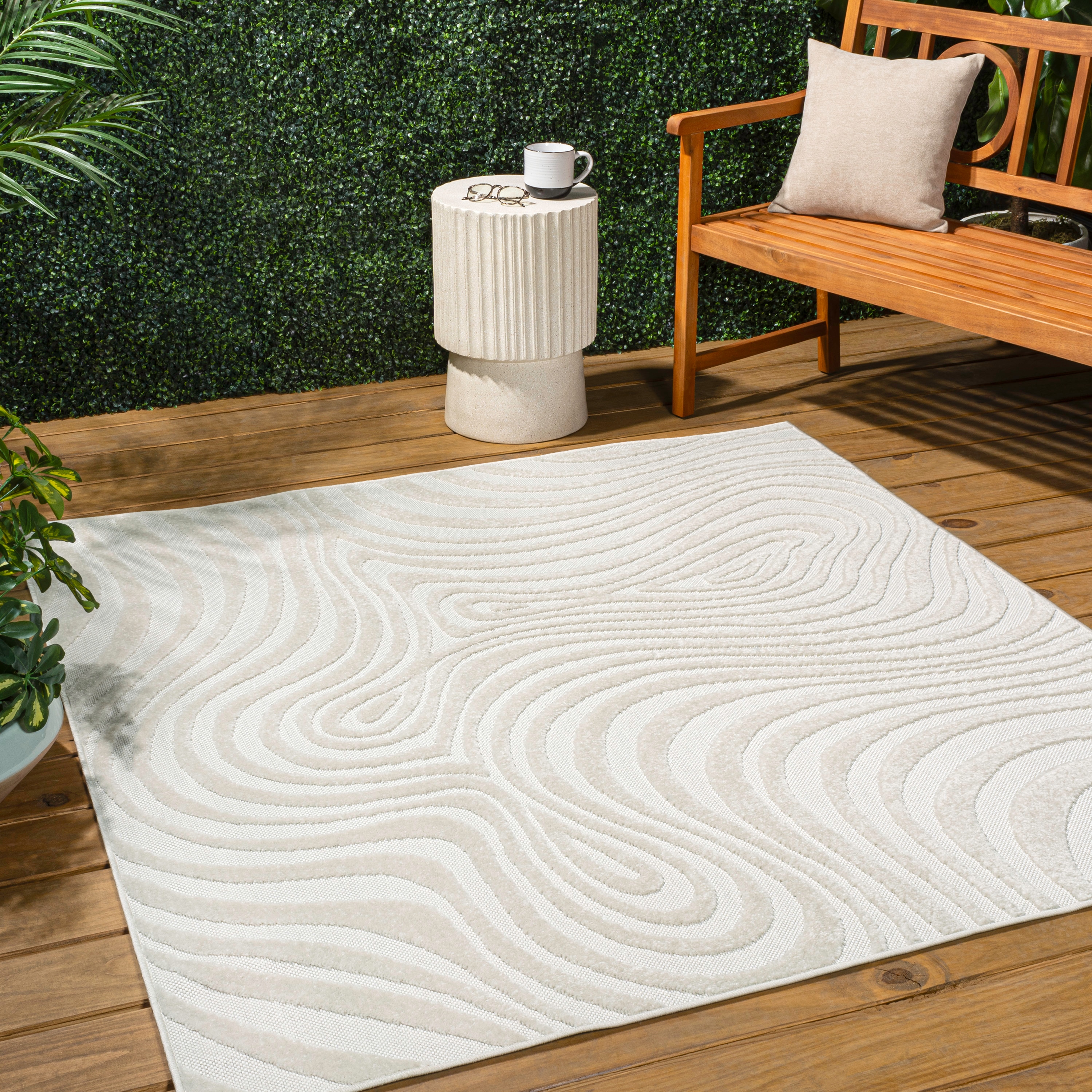 JONATHAN  Y SCN103A-9SQ SCANDINAVIAN Maribo High-Low Groovy Striped 9 x 9 (ft) Polypropylene Cream/Ivory Square Indoor Stripe Mid-Century Modern Area rug