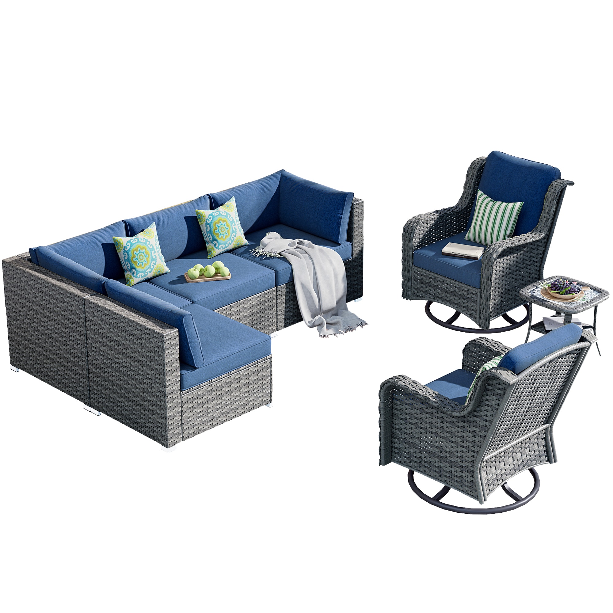 weaxty HMBZYNTC-HOP04-300 Kuuga Rattan Outdoor Sectional with Blue Cushions and Steel Frame