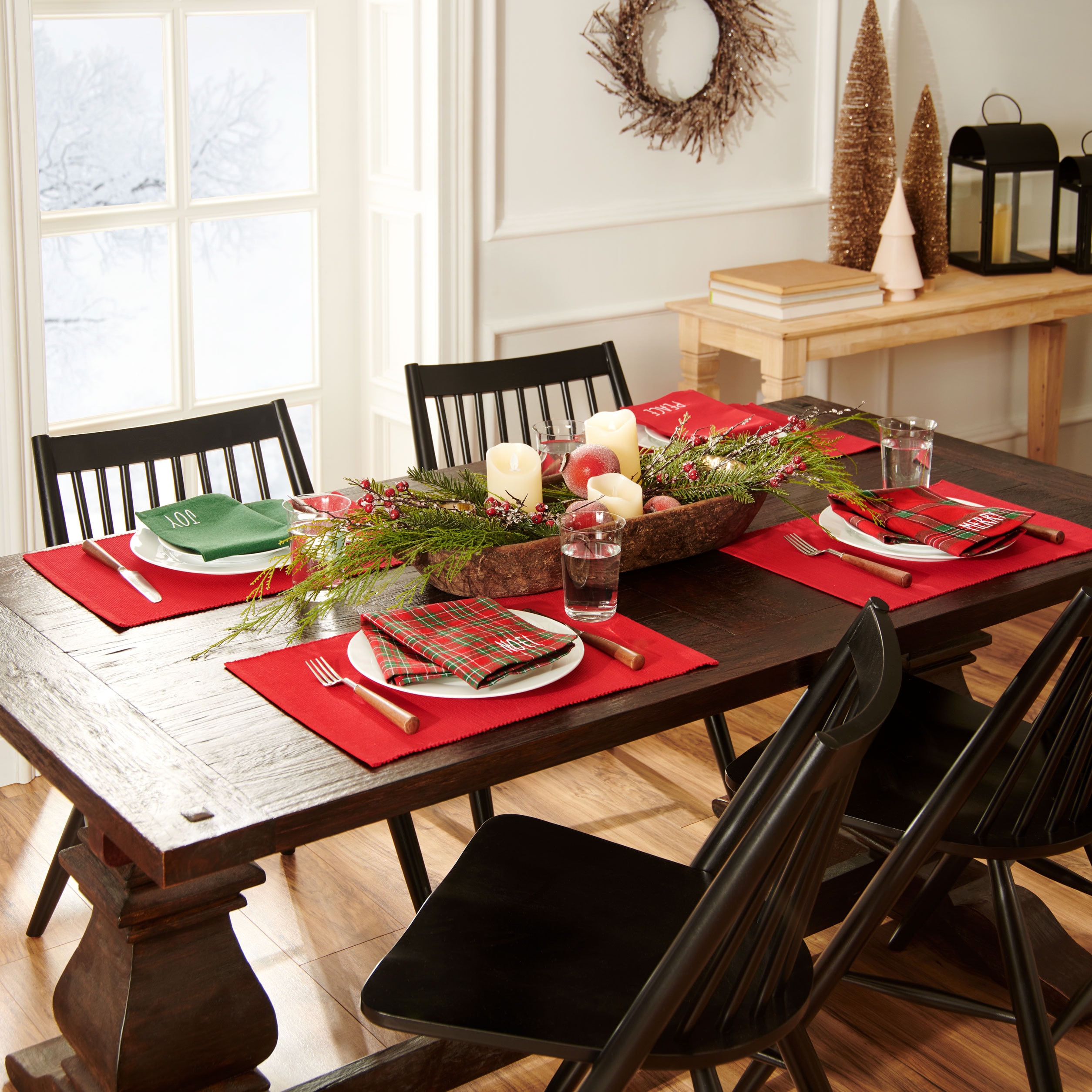 Festive Red and Green Cotton Holiday Placemat and Napkin Set