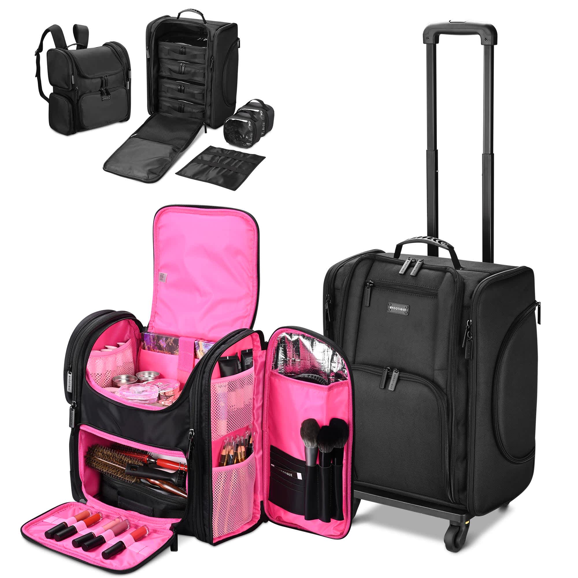 Yescom 12MIKCSET01-62033-LO Byootique Rolling Makeup Train Case and Backpack Kit w/ 7 Toiletry Bags Travel