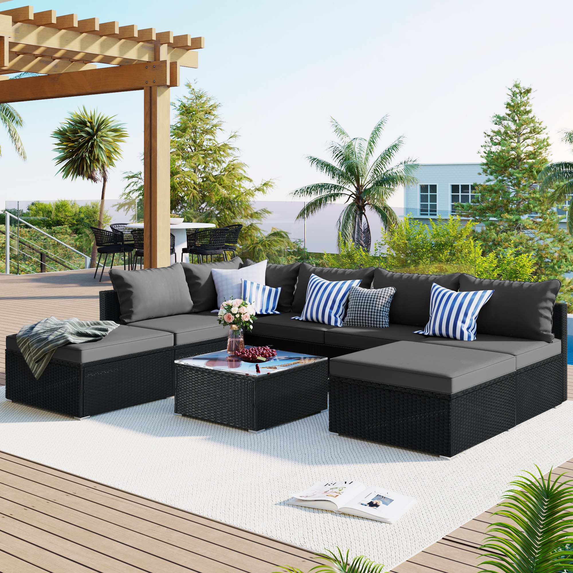 WELLFOR UC Wicker Outdoor Furniture 8-Piece Wicker Patio Conversation ...