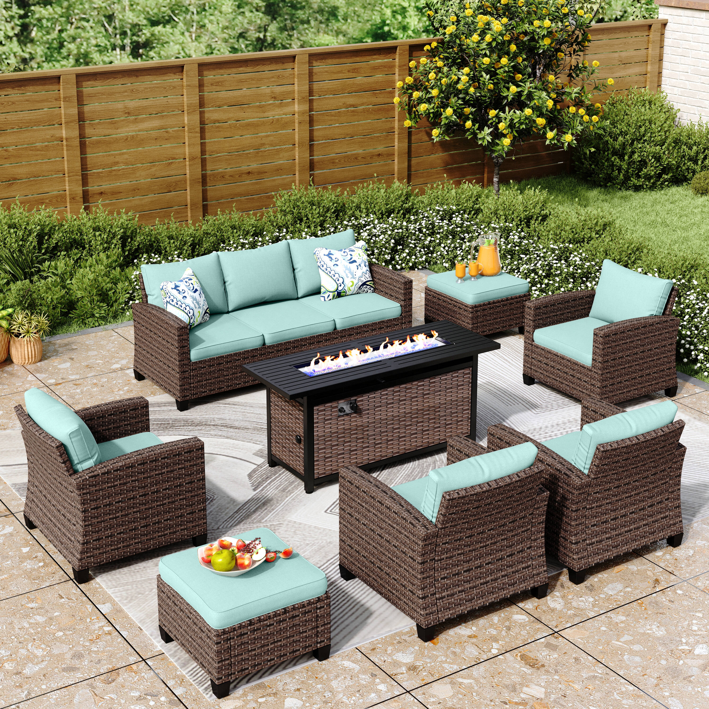 Sunshine Valley CR007-07-9-BU-GS103 Patio Furniture Set with Fire Pit 8 -Piece Wicker Patio Sofa Conversation Set with Blue CUSHION PRO Cushions