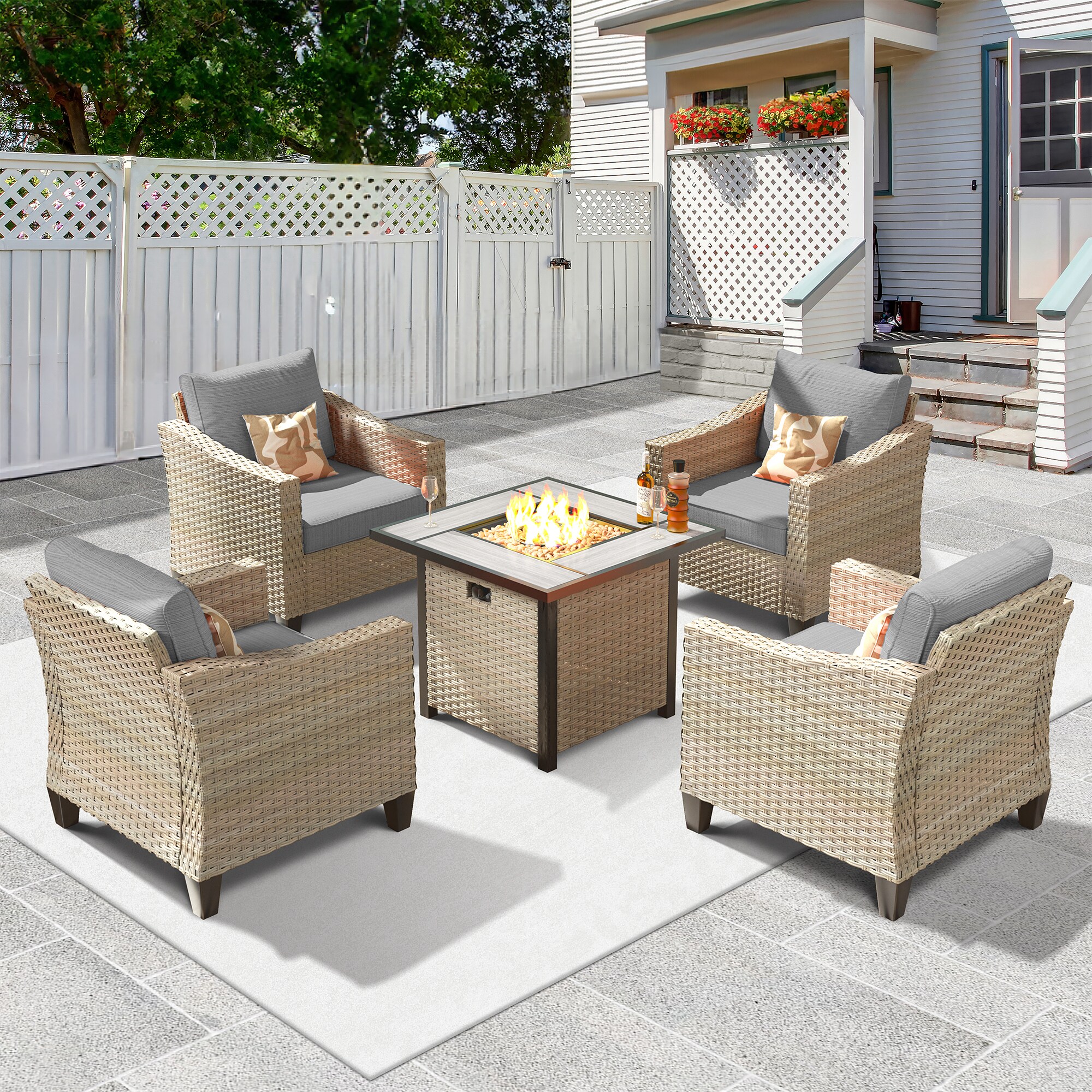 Pouuin SFPDAR204 5 -Piece Rattan Patio Conversation Set with Gray Cushions