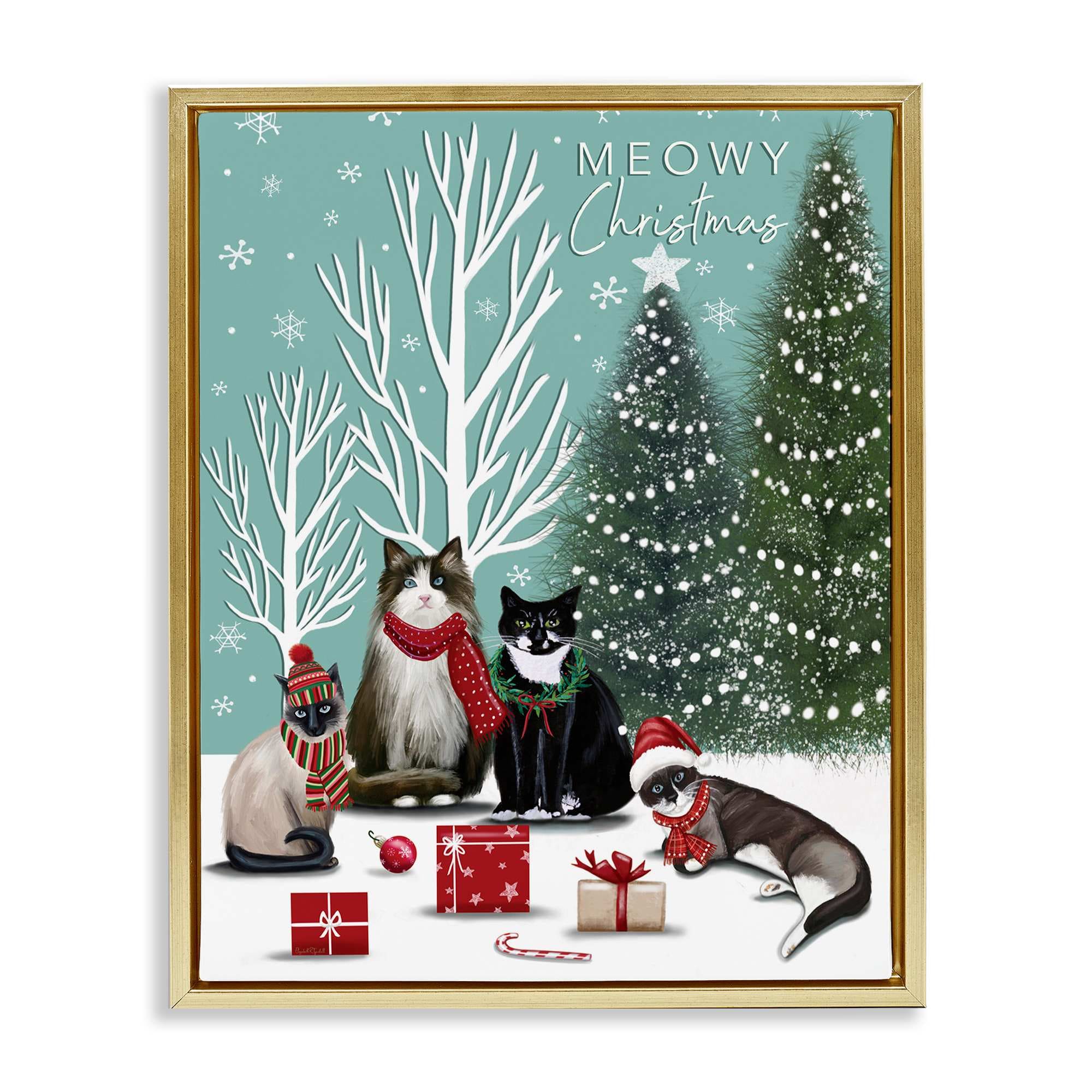 Stupell Industries BT-531-FFG-16X20 Festive Winter Cats Scene Gold Framed Floater Canvas Wall Art By Elizabeth Tyndall 17 x 21