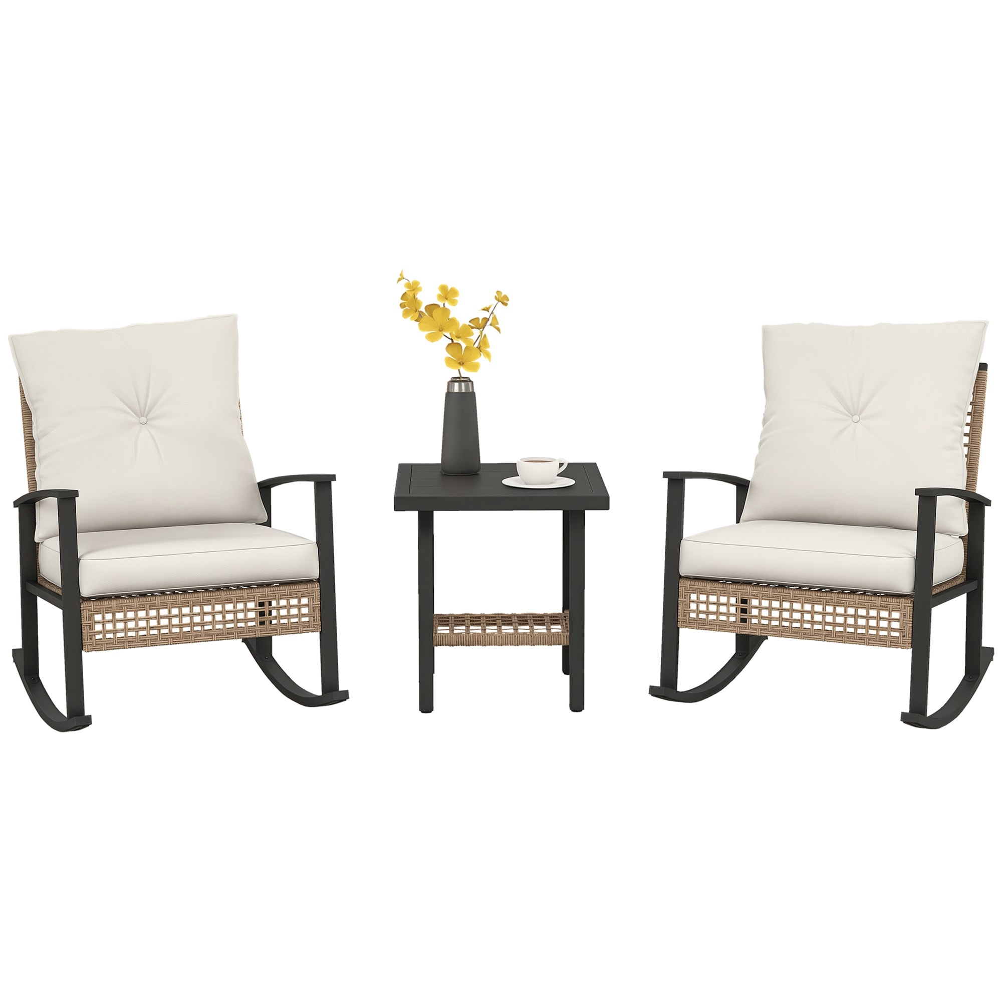 Outsunny 863-126V00WT 3 Pieces Rocking Wicker Outdoor Bistro Set Rattan Patio Furniture Set with Coffee Table and Porch Chairs Button Tufted Cushions for Backyard Balcony Garden White
