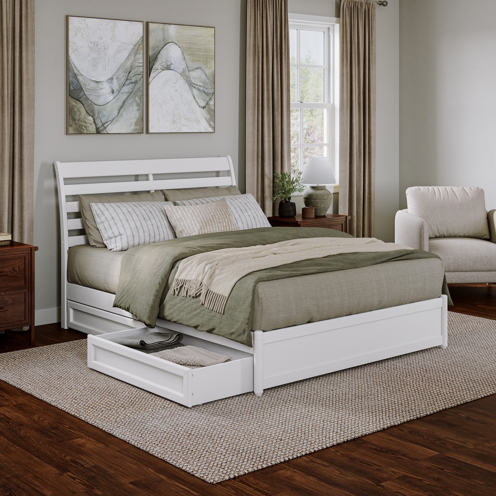 AFI AR9787142 Queen White Wood Platform Bed Storage with Headboard