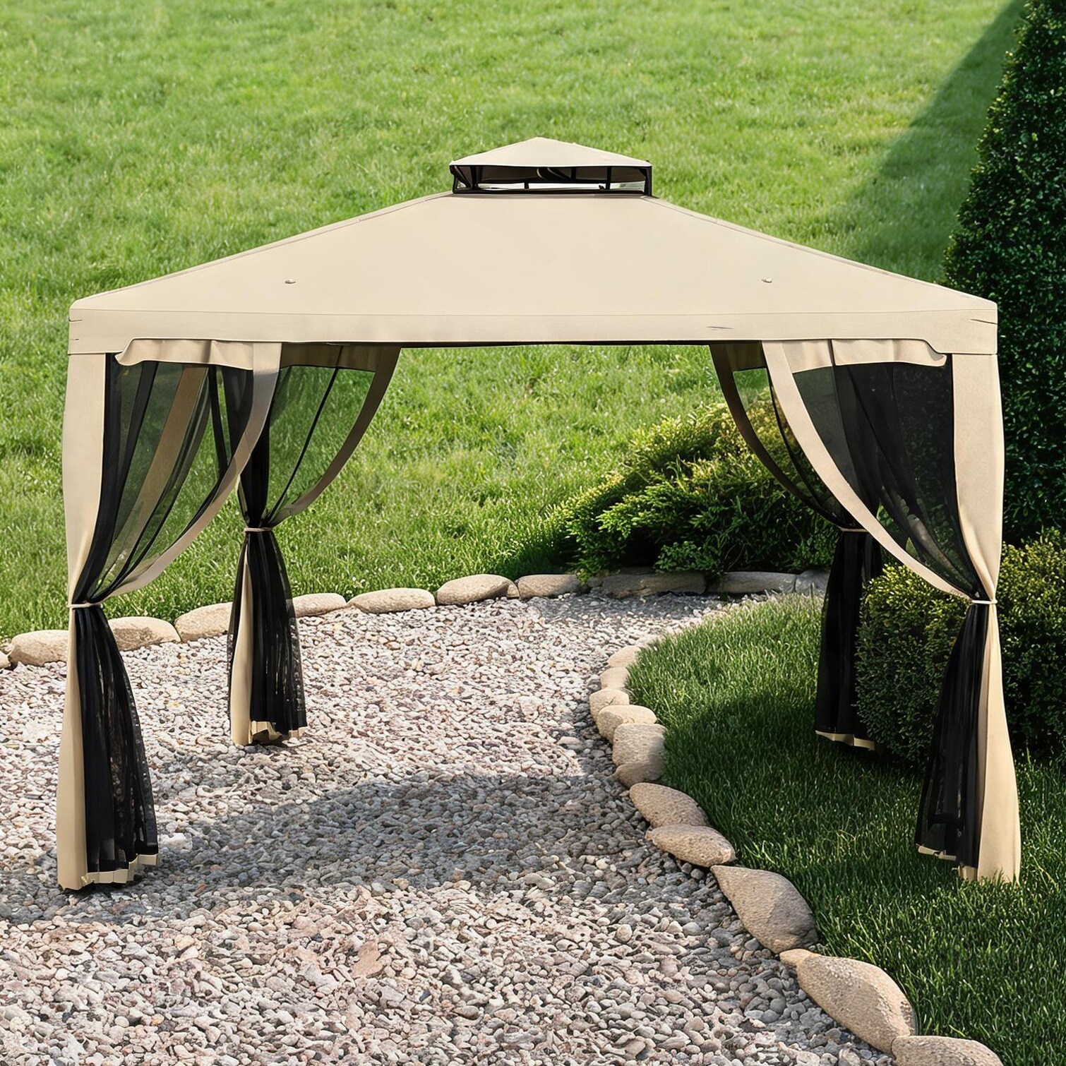 SunJet Soft Beige Polyester Rectangular Outdoor Gazebo with 2-Tier Roof ...