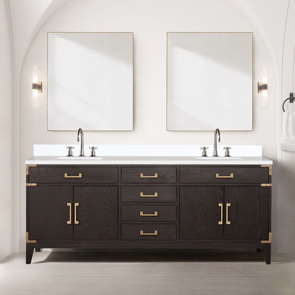 Lexora LVW80DK210 Wilton 80-in Brown Oak Undermount Double Sink Bathroom Vanity with White Quartz Top (Mirror Included)